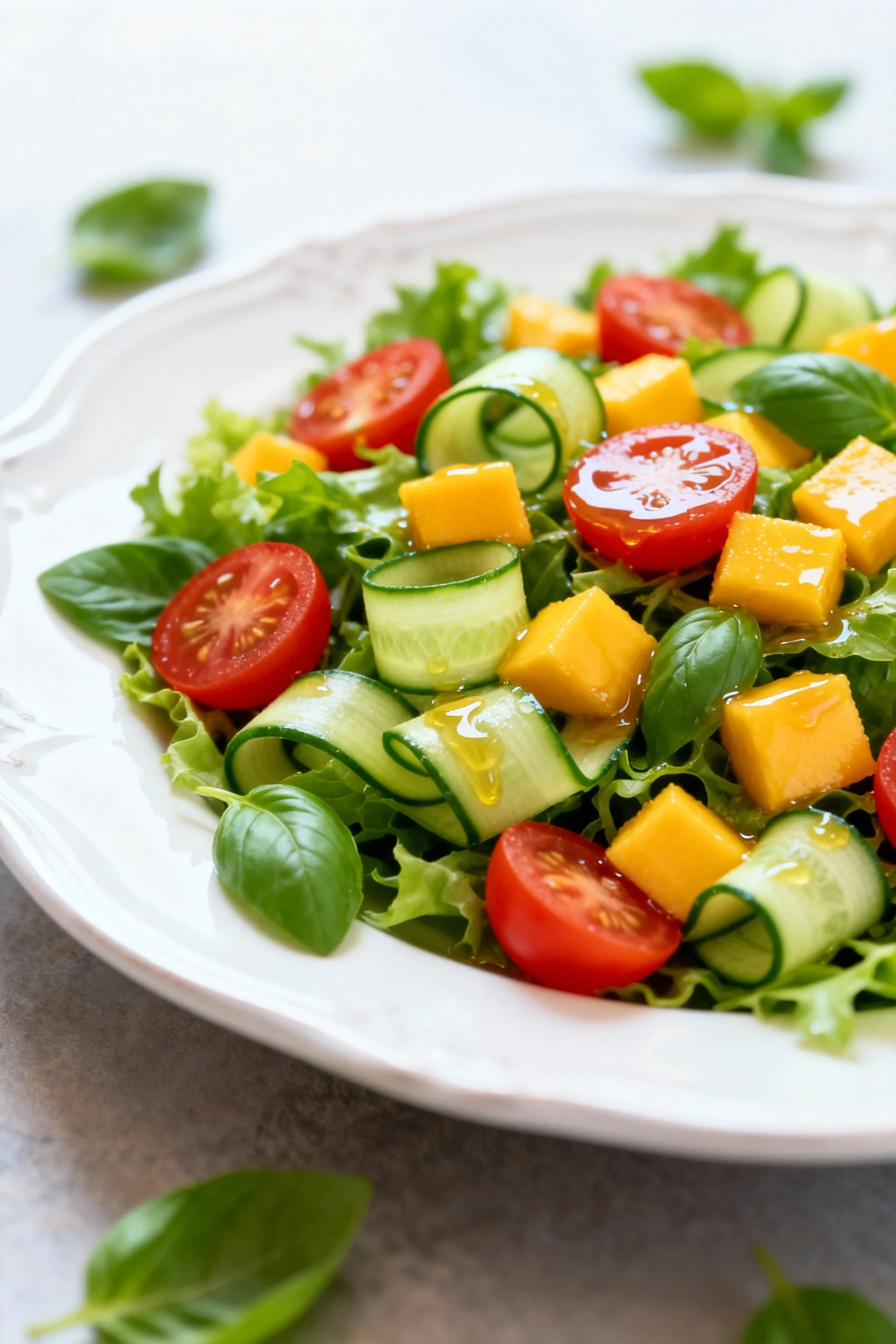 Close-up of mixed summer greens tossed with cherry tomato halves, cucumber ribbons, and diced ripe mango, glistening wit