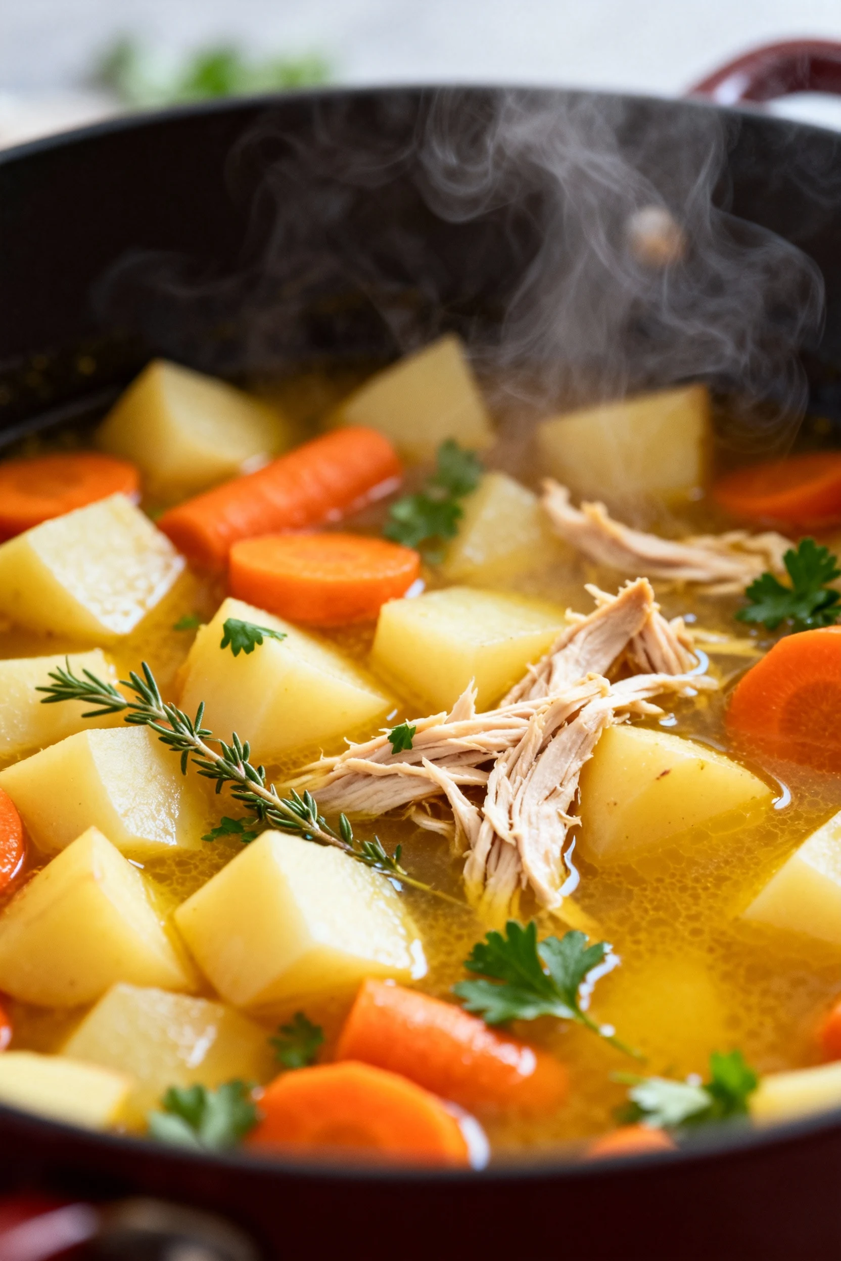 Close-up of diced potatoes, carrots, and tender shredded chicken simmering in rich golden broth, steam rising, vibrant f