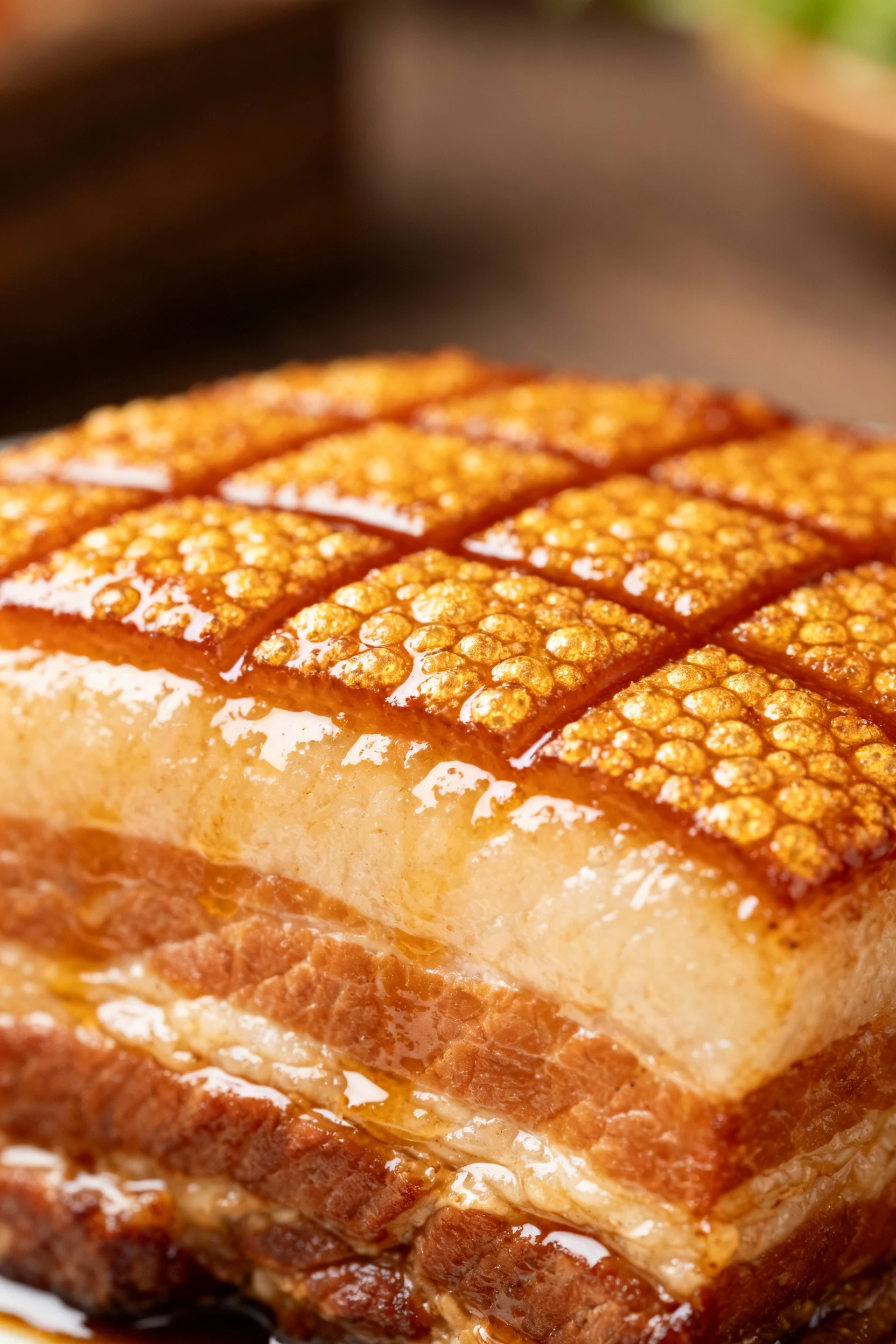 Close-up of golden, blistered pork belly skin with criss-cross scoring pattern, glistening from a honey and rice vinegar