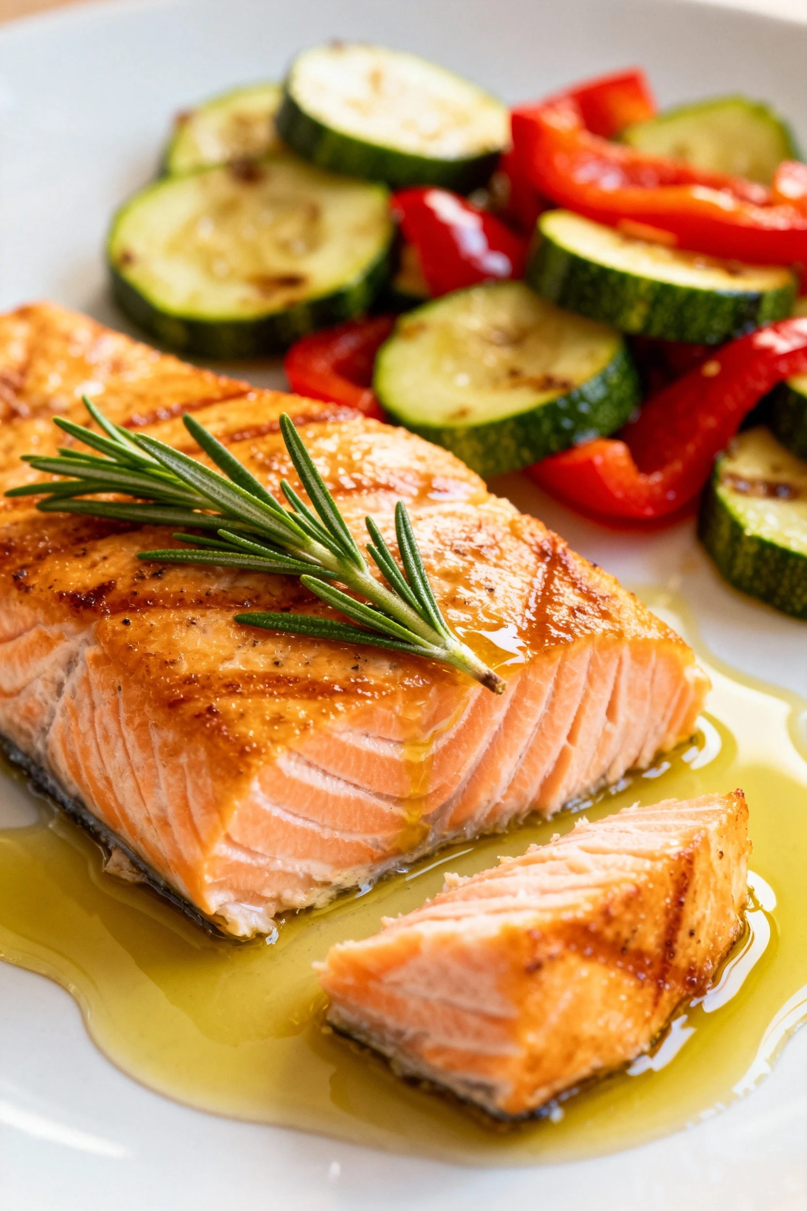 Close-up of golden-seared wild-caught salmon topped with fresh rosemary and a drizzle of olive oil, flaky texture visibl