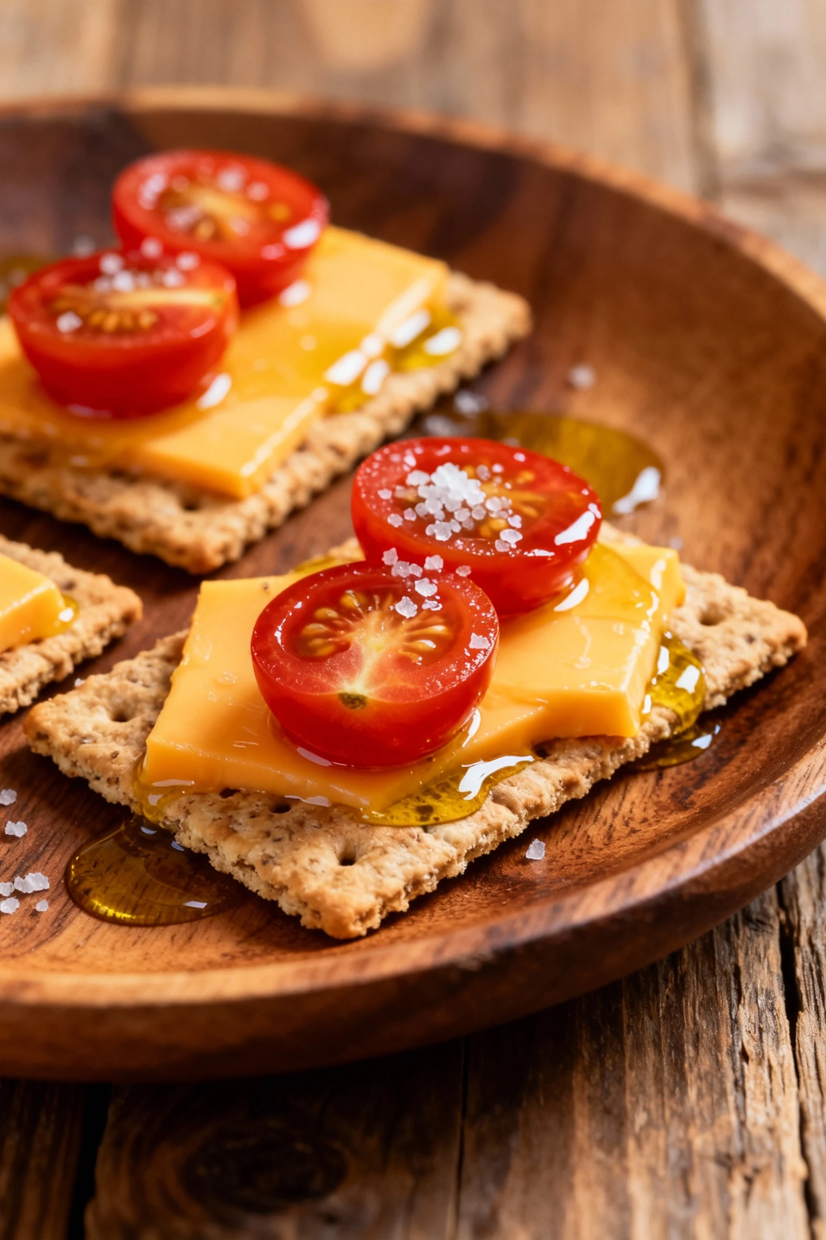 Close-up of cheese & tomato crackers with golden cheddar melting slightly over whole wheat crackers, topped with juicy h