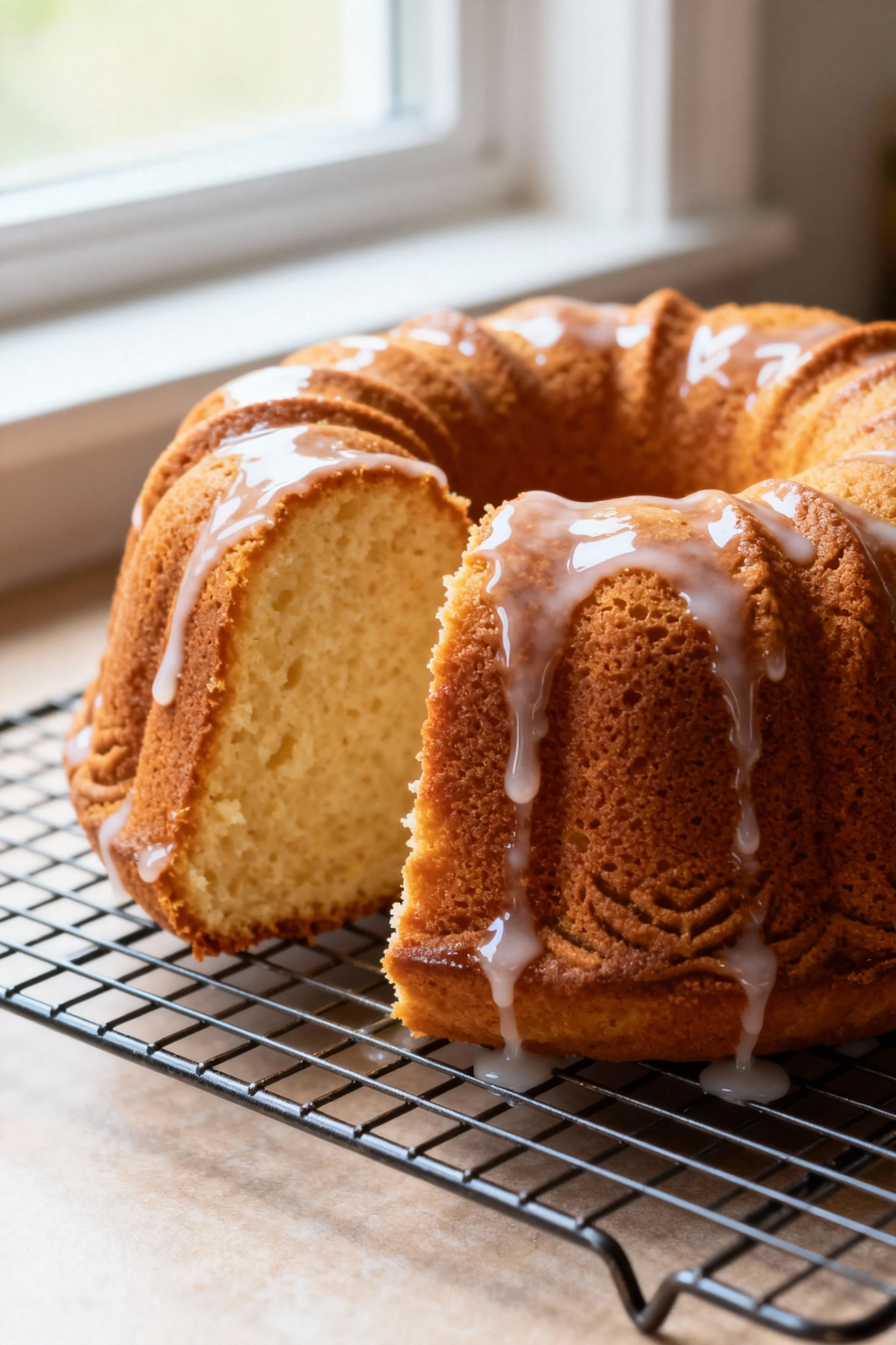 Close-up of a freshly baked golden-brown bundt cake cooling on a wire rack, glaze just beginning to set in glossy rivule