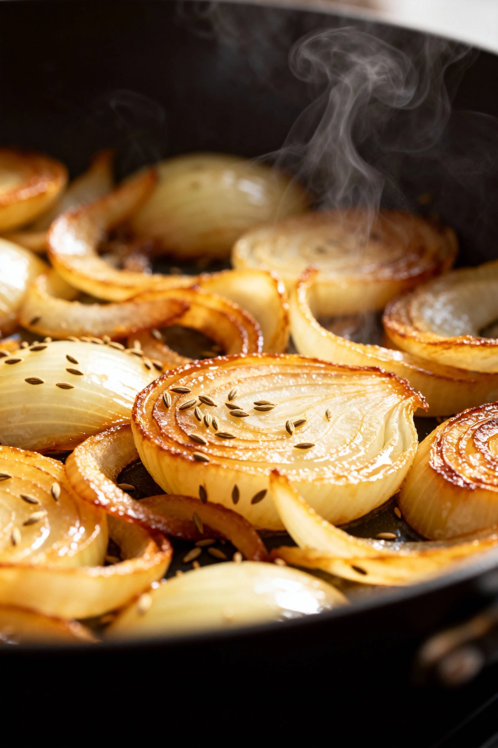 Close-up of golden-brown sautéed onions with visible cumin seeds and a glossy finish, steam rising in soft natural light