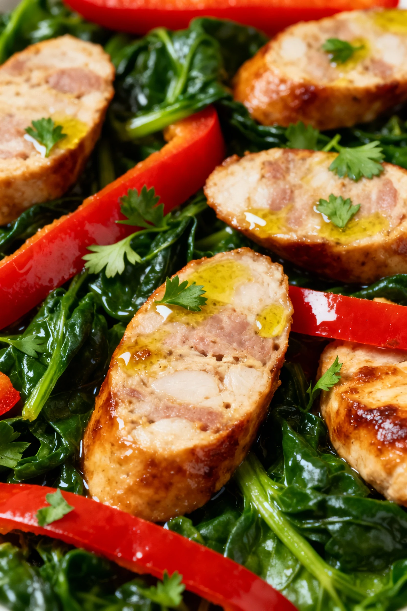 Close-up of golden-browned chicken sausage slices nestled among sautéed red bell pepper strips and wilted spinach, glist