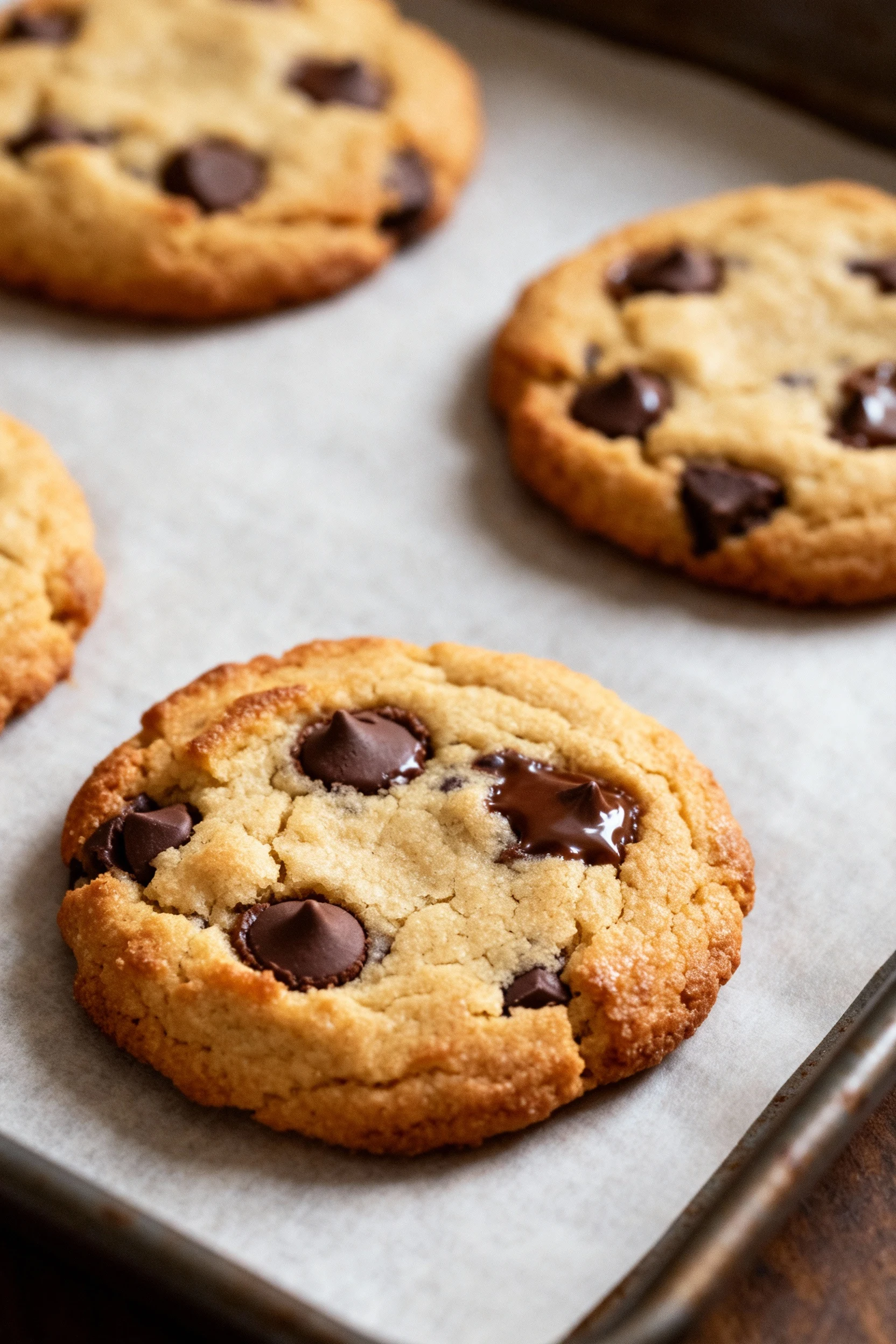 Close-up of golden-brown cookies fresh from the oven, showcasing crispy edges and gooey chocolate chip centers, shallow 