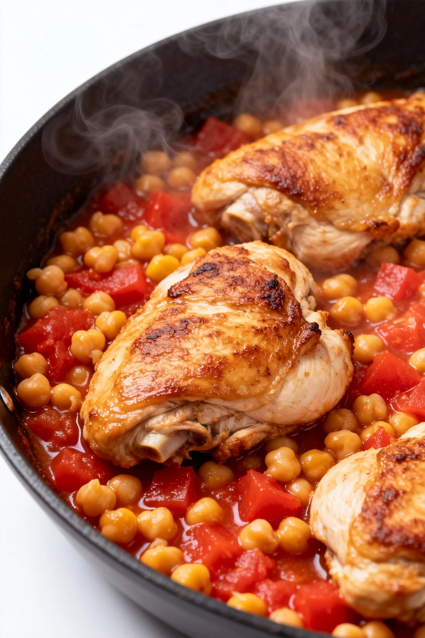 Close-up of golden-browned boneless chicken thighs simmering with tender chickpeas and diced tomatoes in a skillet, stea