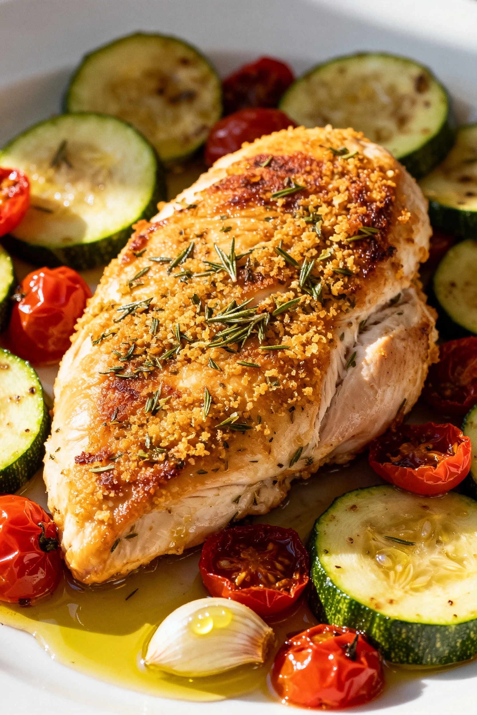 Close-up of golden-seared chicken breast with a crisp, herb-seasoned crust, surrounded by sautéed zucchini rounds and bl