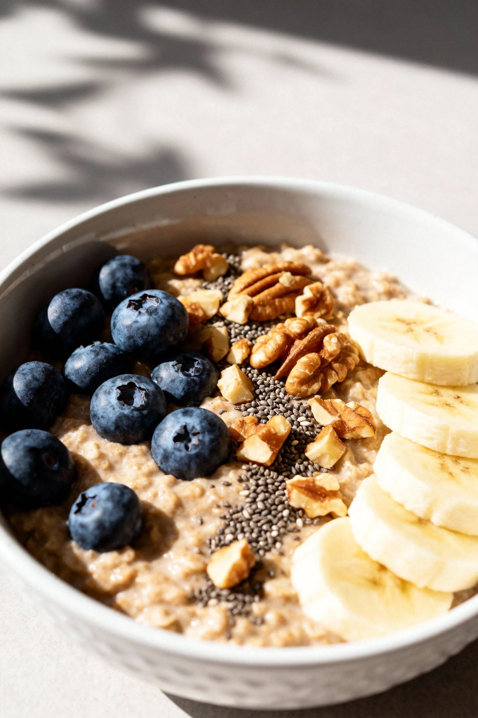 Close-up of creamy cinnamon-spiced oats in a white ceramic bowl, topped with fresh blueberries, sliced banana, chopped w