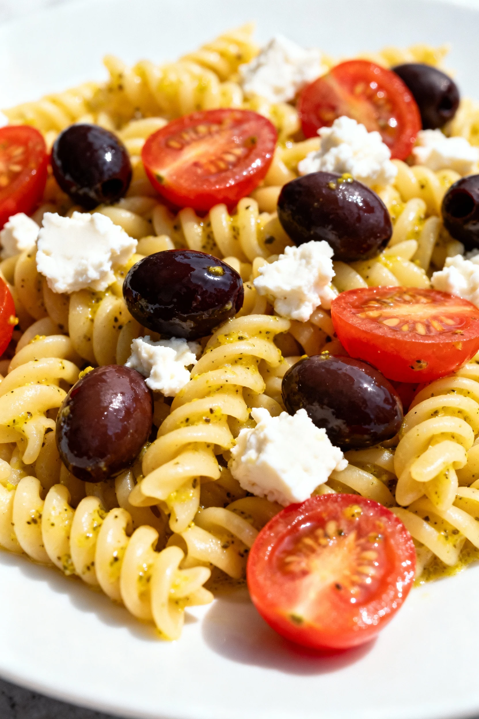 Close-up of chilled rotini pasta coated in zesty lemon-Dijon dressing, scattered with glistening kalamata olive halves, 