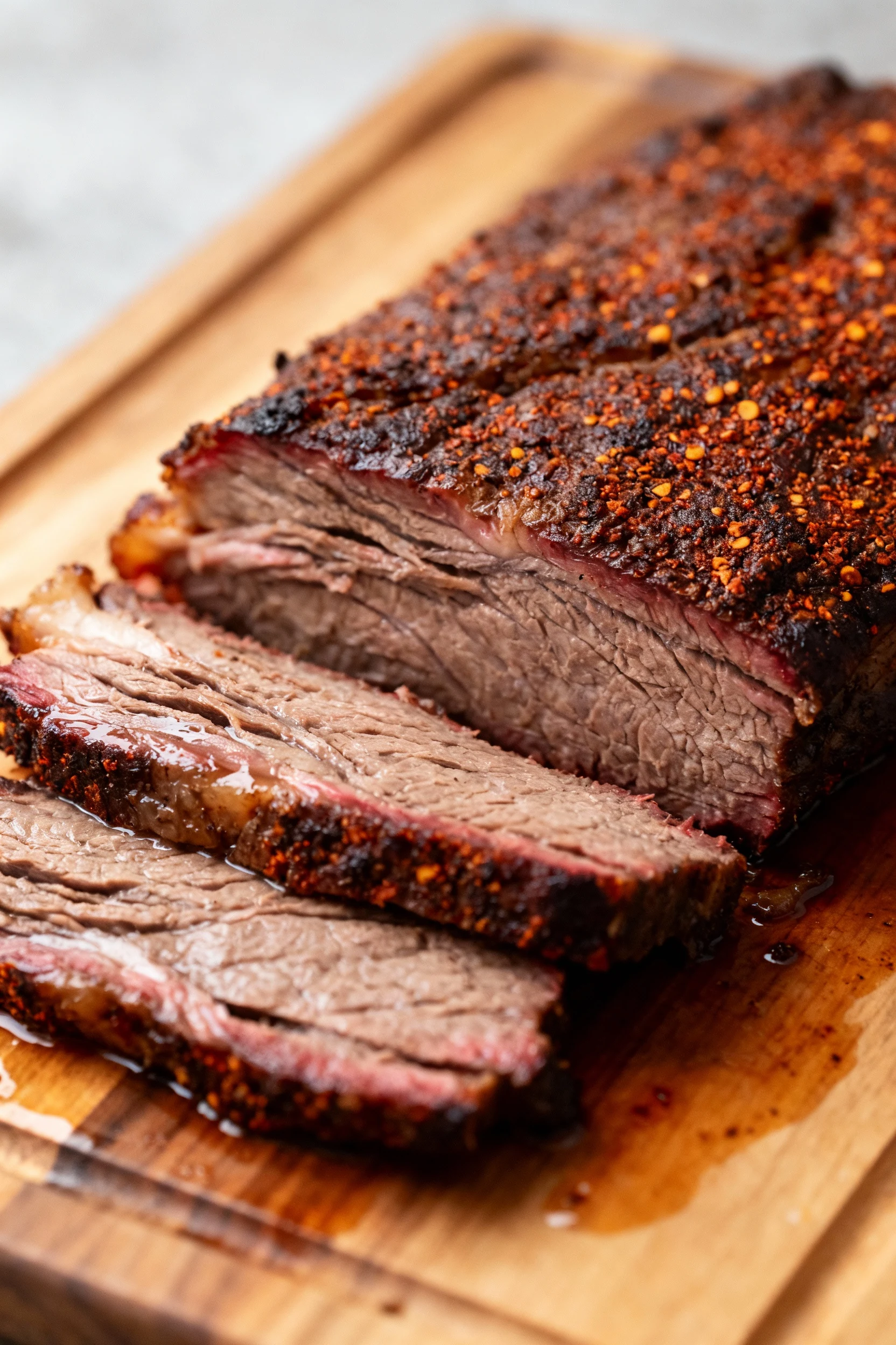 Close-up detail of tender sliced brisket resting on a wooden cutting board, juices glistening, visible marbling and smok
