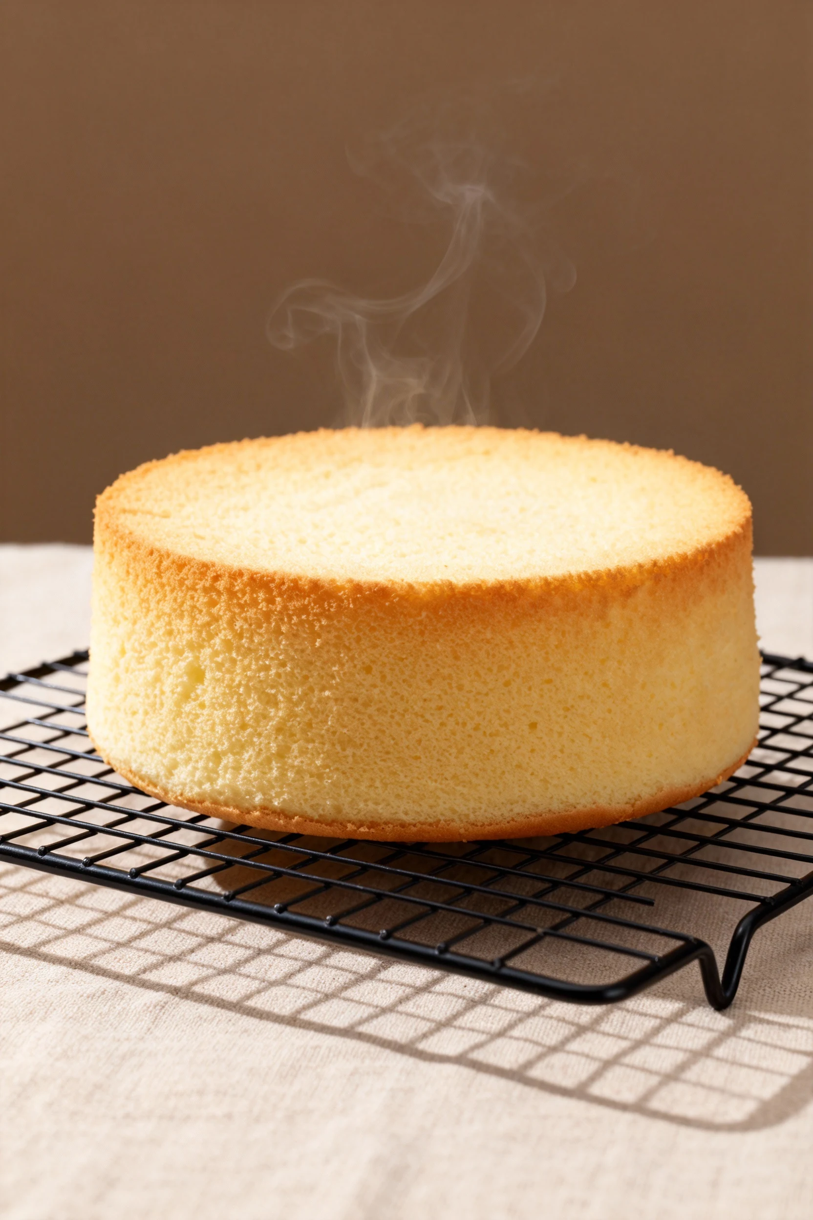 Close-up of a freshly baked golden vanilla cake with a perfectly risen, even crumb and a light, fluffy texture, steam st