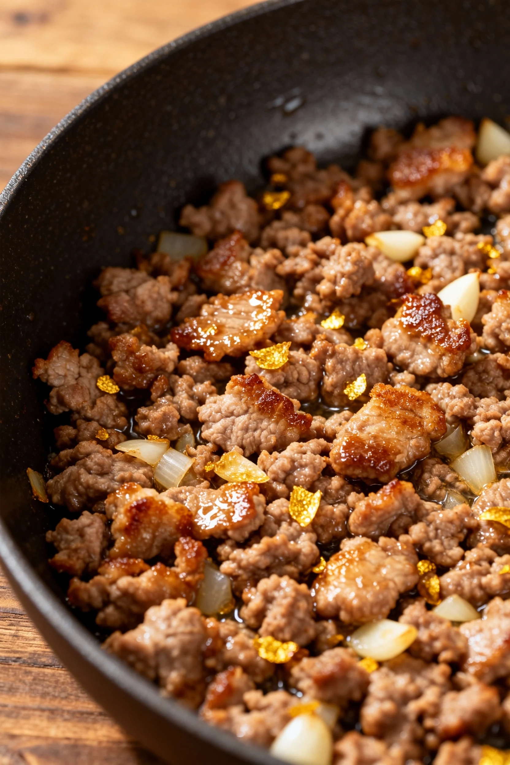 Close-up of sizzling browned ground pork in a skillet with tiny crispy bits glistening in natural light, flecks of golde