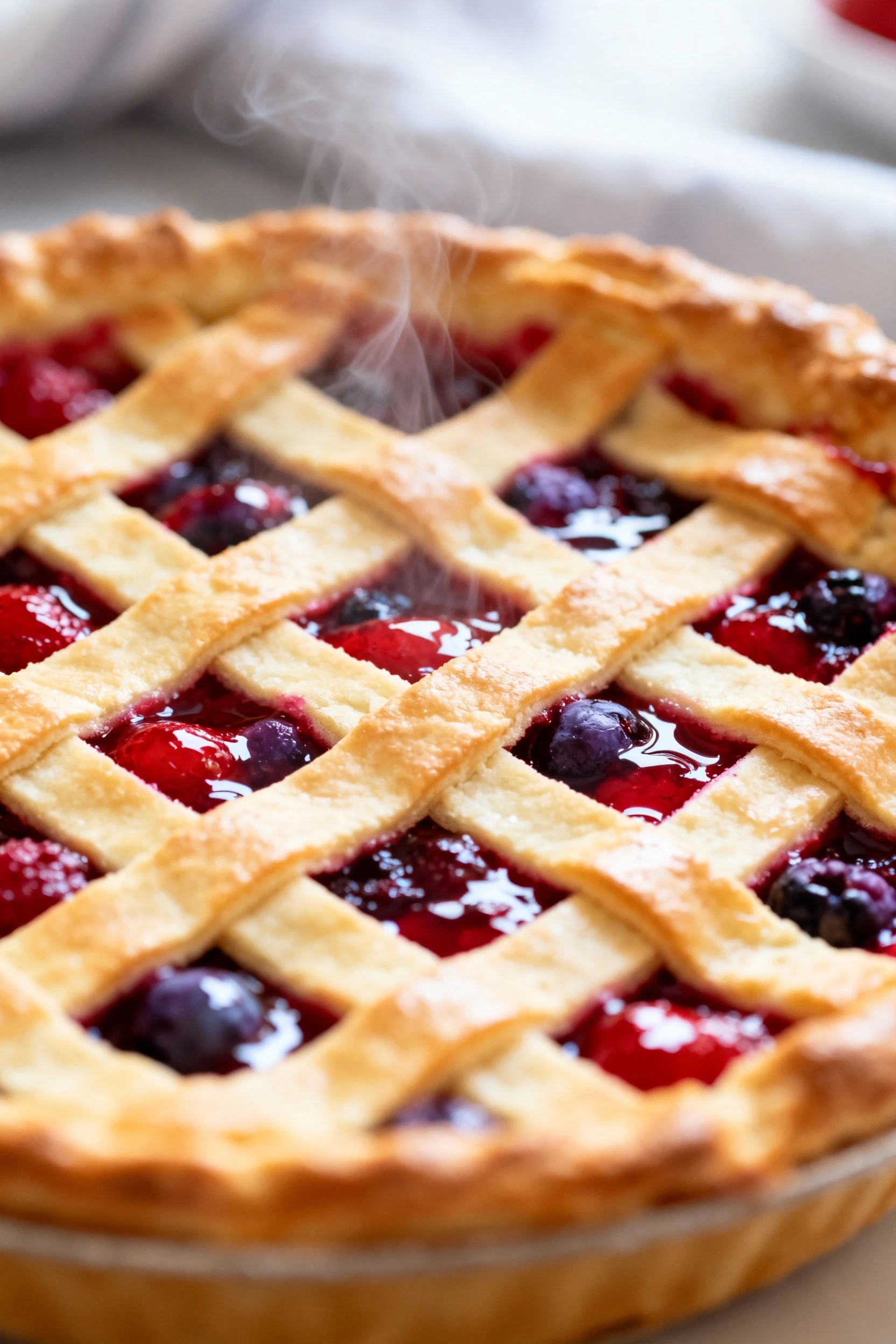 Close-up of a golden, flaky lattice-topped berry pie fresh from the oven, vibrant red and purple berry filling bubbling 