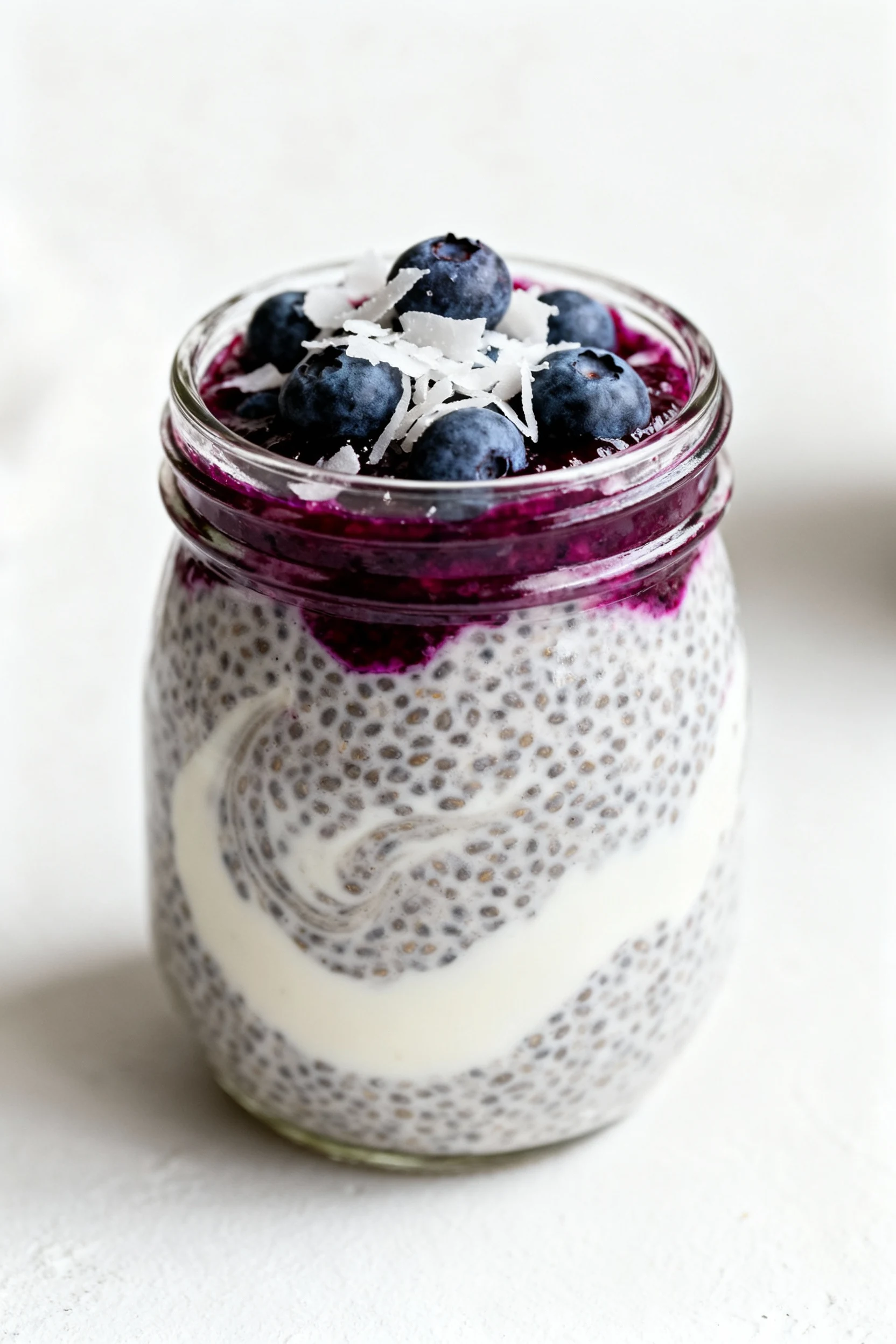 Close-up detail of thick, creamy chia pudding in a glass jar, flecked with hydrated chia seeds and a swirl of almond mil