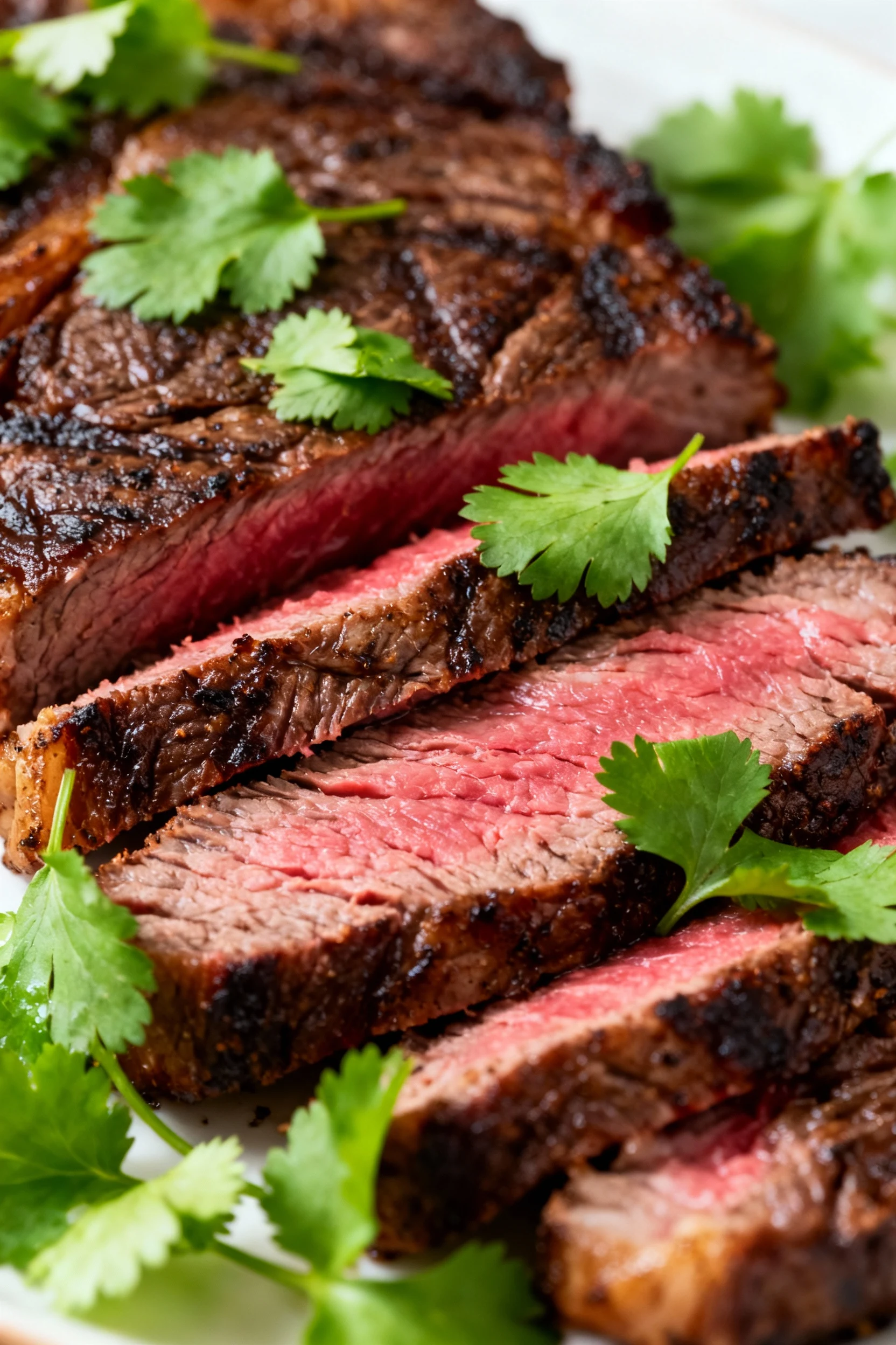 1. Close-up of freshly seared skirt steak slices, showing rich brown crust and juicy pink center, garnished with bright 