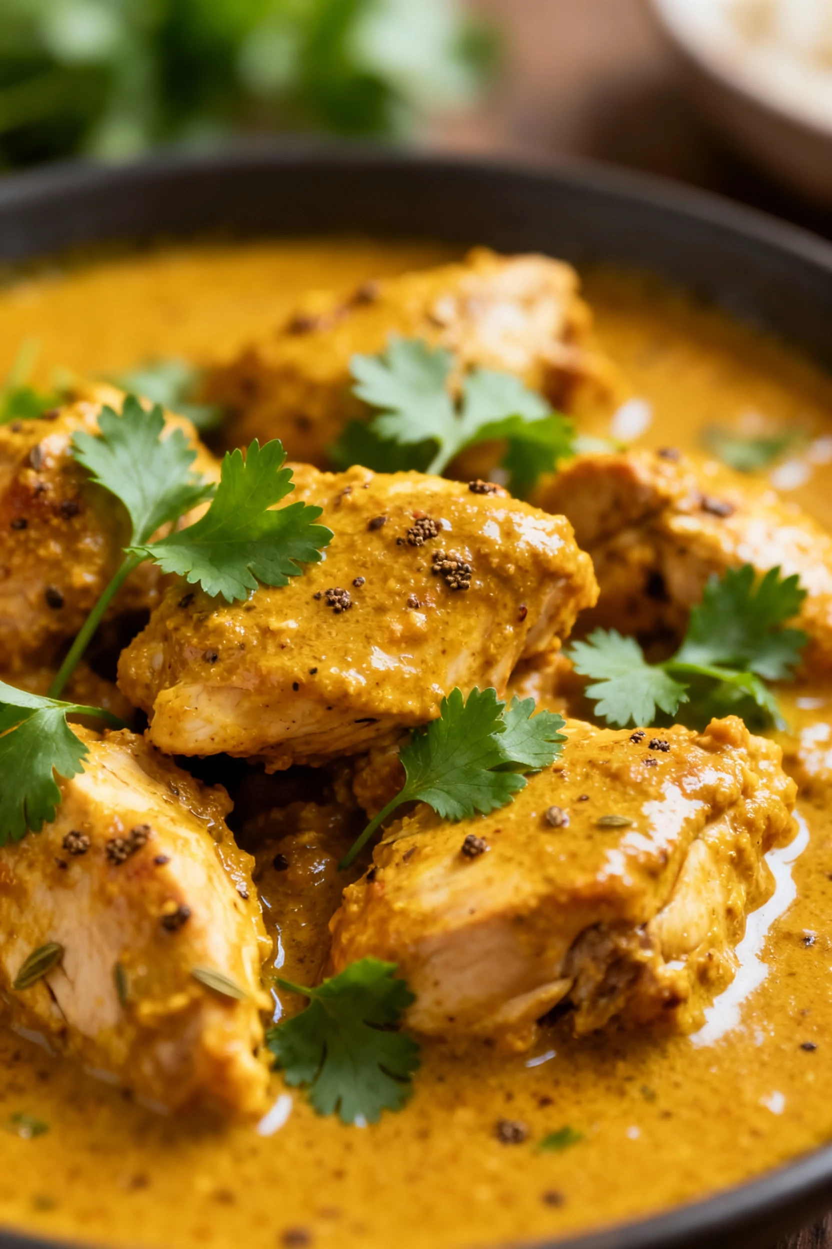 Close-up of tender chicken pieces coated in rich golden curry sauce with visible flecks of cumin and coriander, garnishe