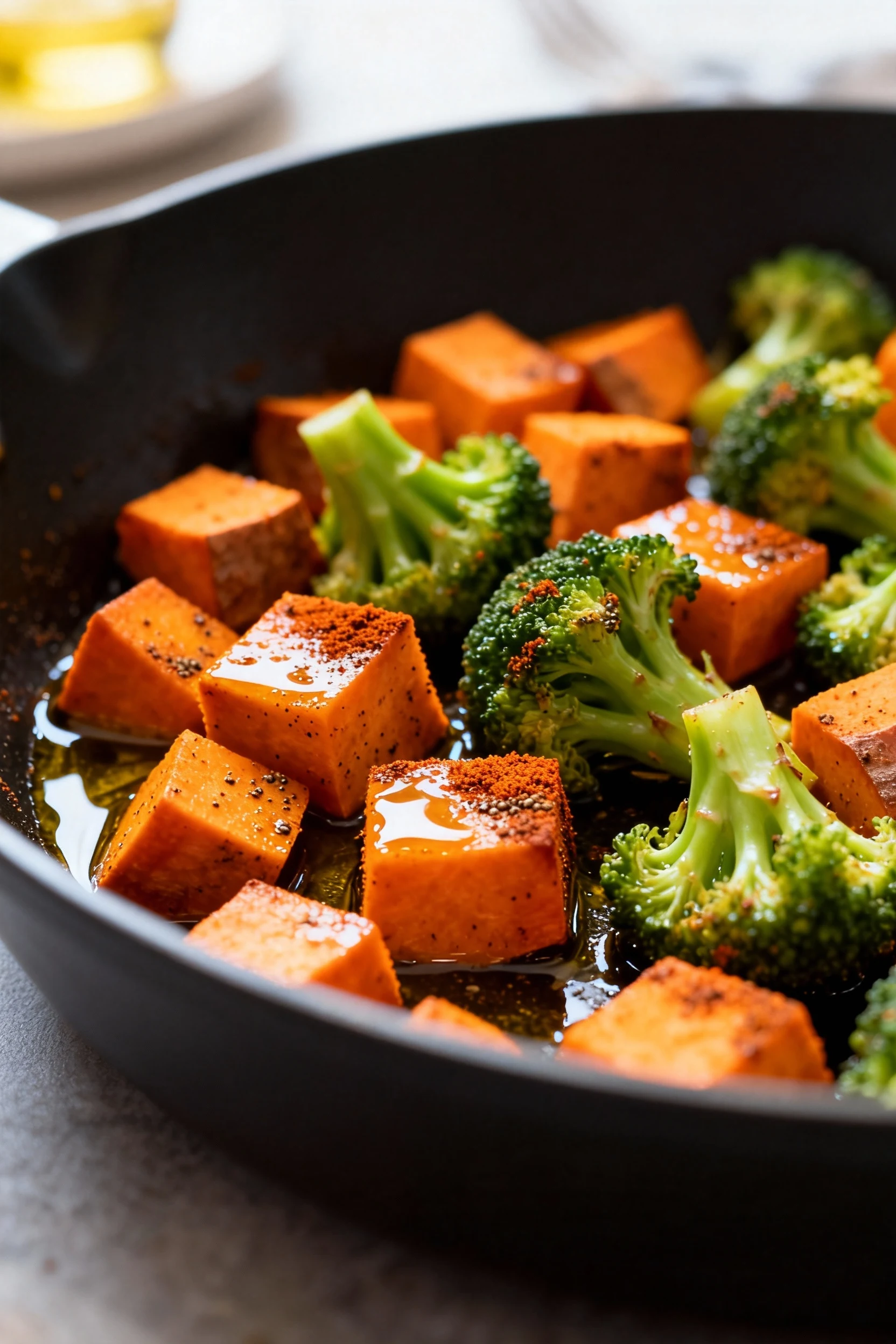 Close-up of sautéed sweet potato cubes and broccoli florets glistening in olive oil, coated with cumin and smoked paprik