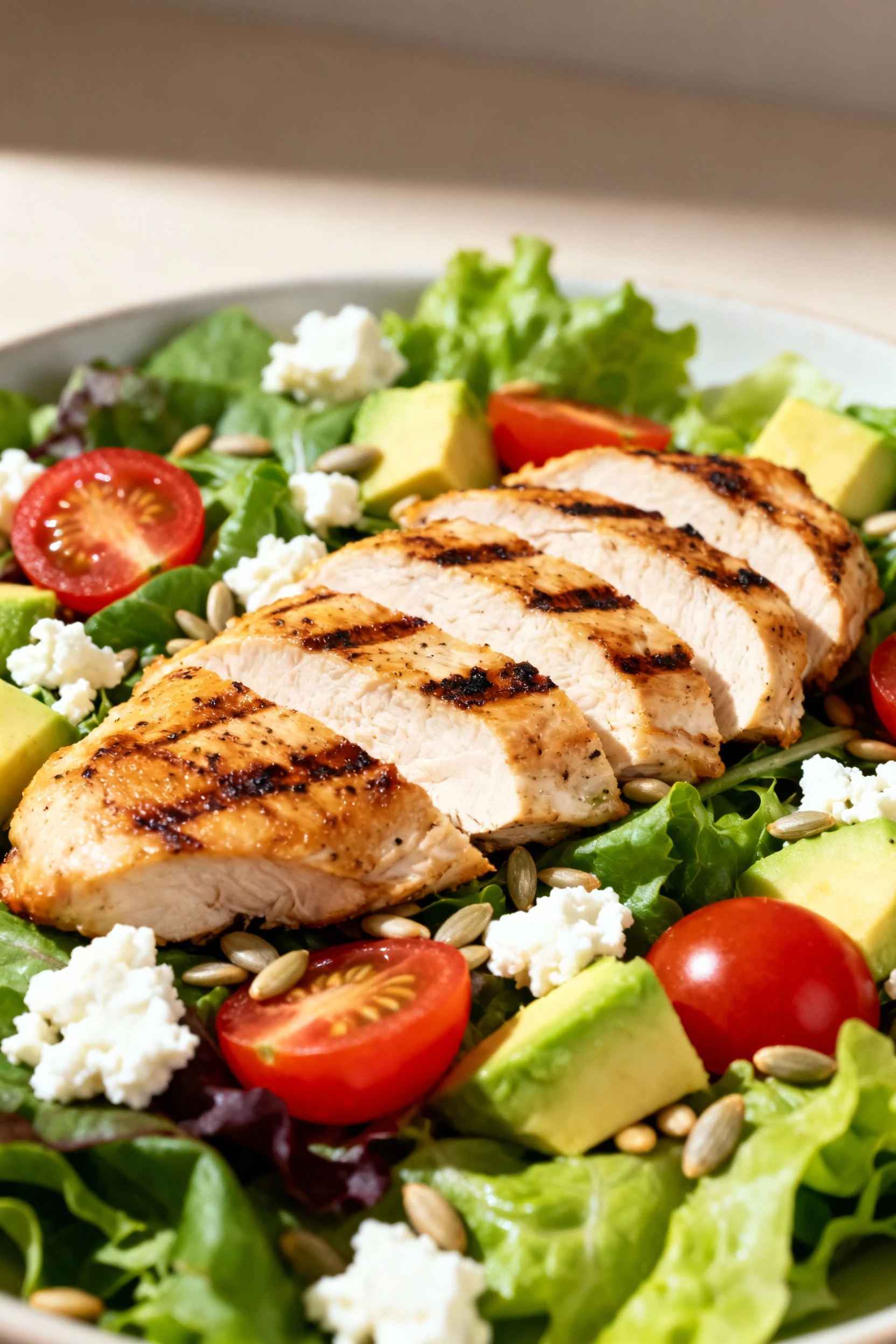 1. Close-up of freshly grilled chicken breast slices nestled among crisp mixed greens, halved cherry tomatoes, and diced