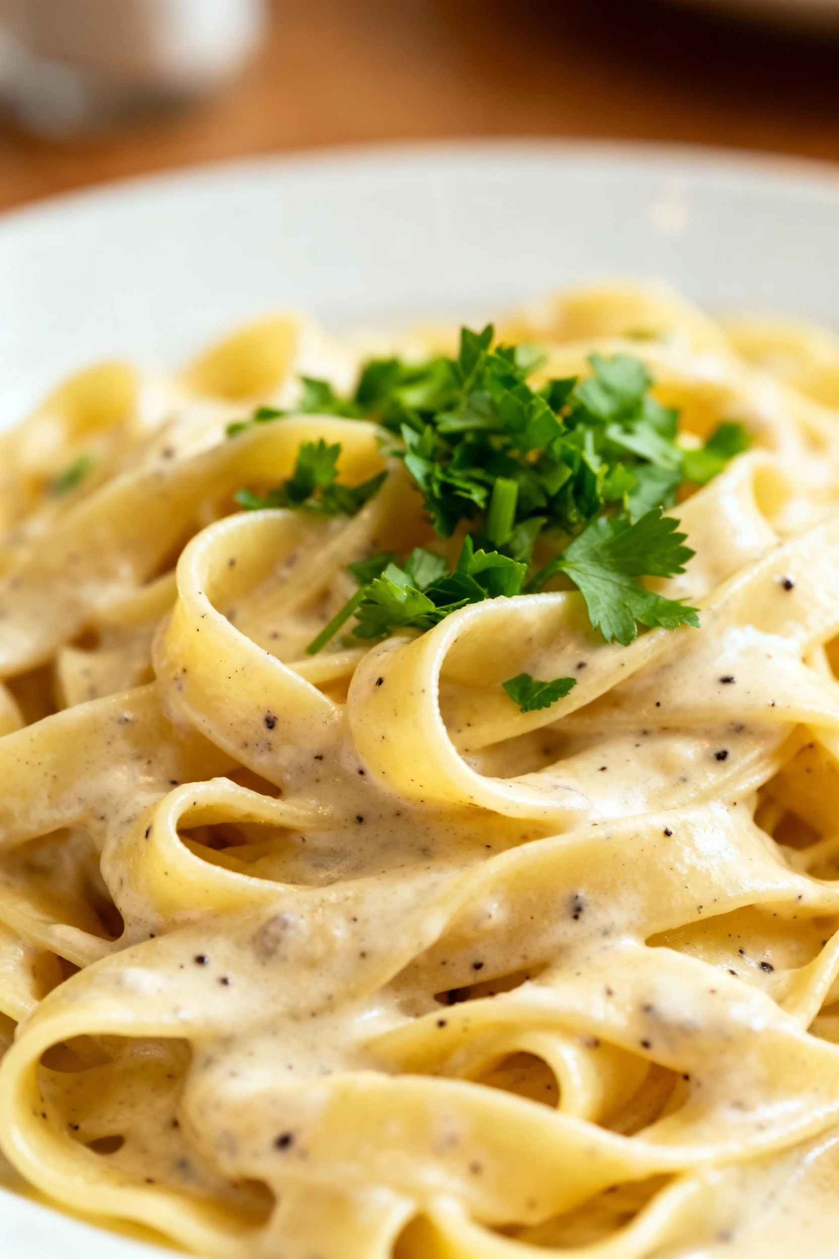 Close-up of freshly cooked fettuccine strands coated in rich, creamy Alfredo sauce, flecks of black pepper visible, garn