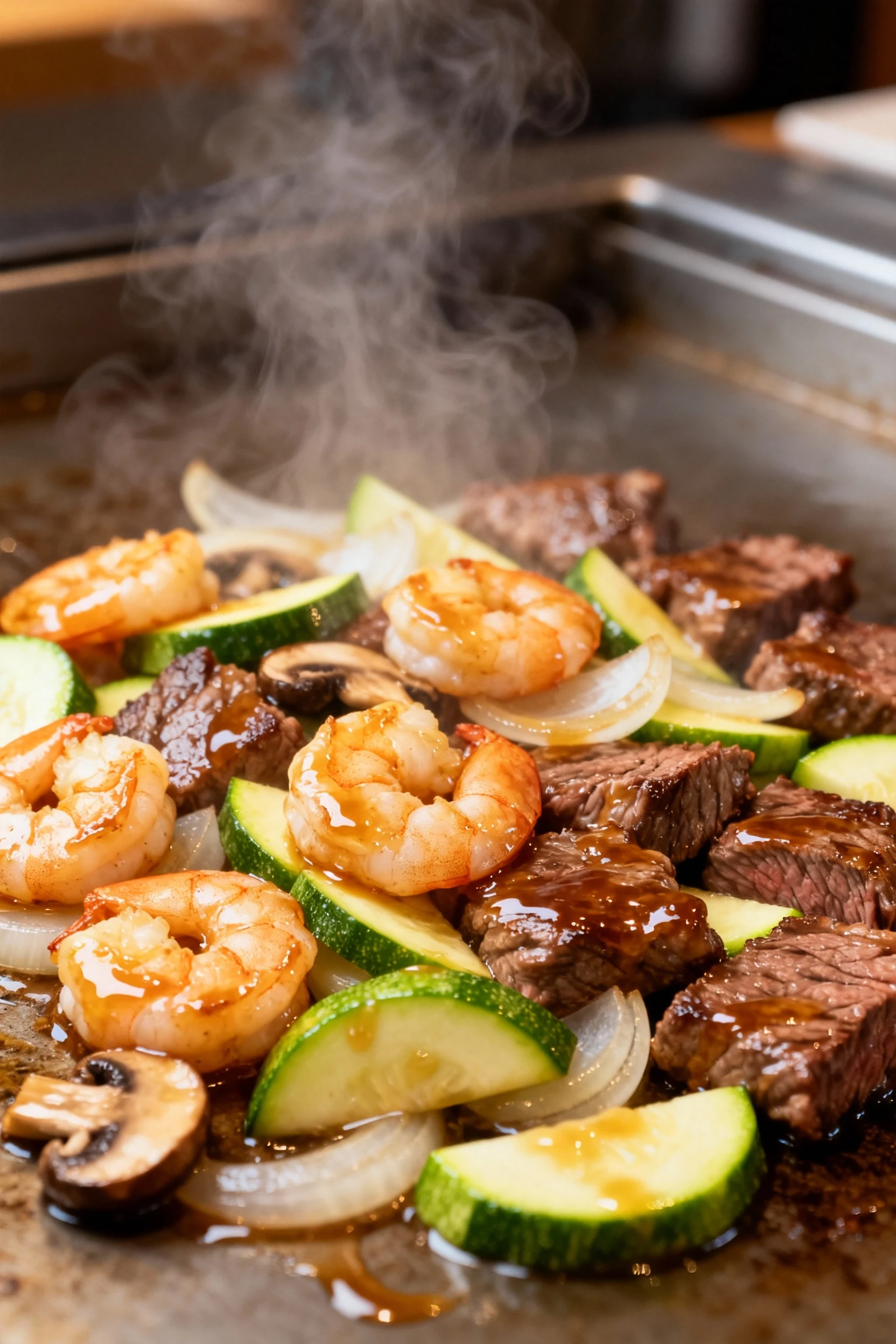 Close-up of sizzling hibachi shrimp and steak pieces tossed together with crisp-tender zucchini, onions, and mushrooms g