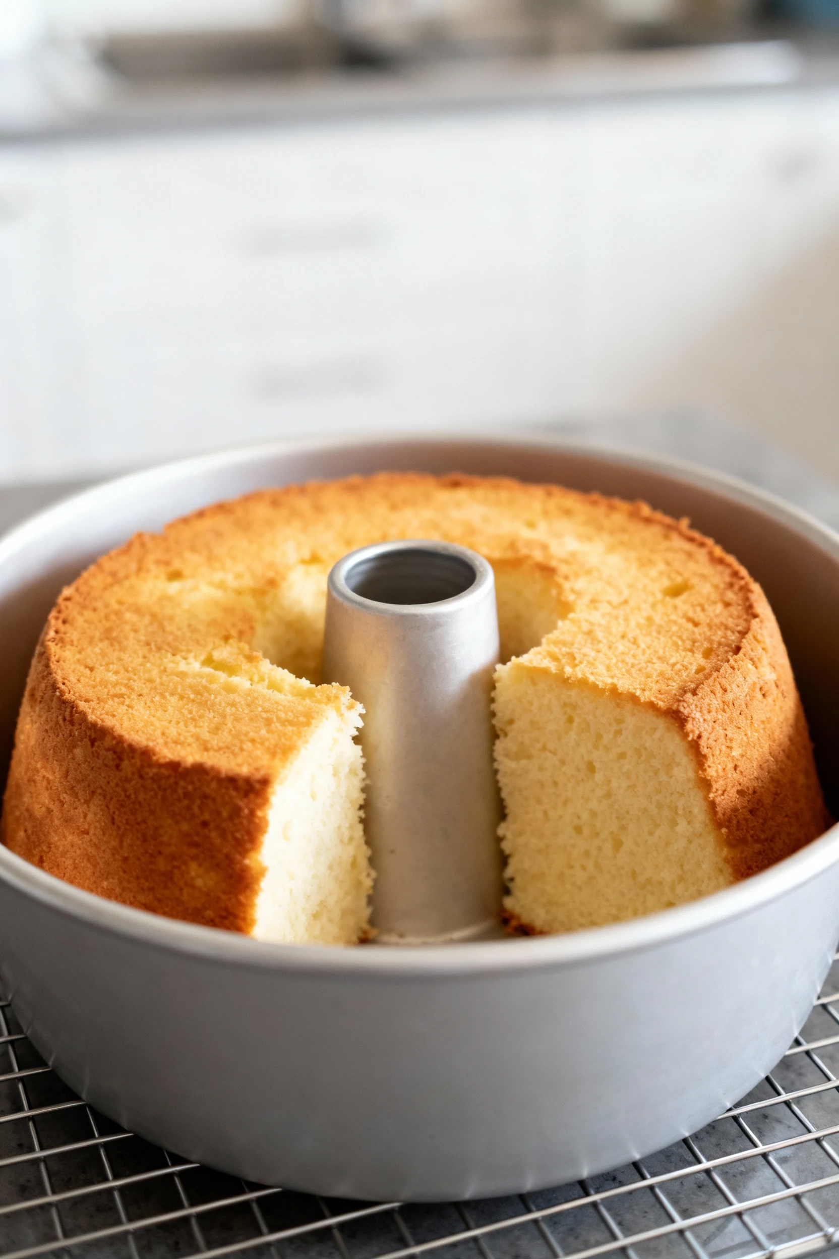 Close-up of a freshly baked angel food cake still in its inverted tube pan cooling, golden crust with airy sponge textur