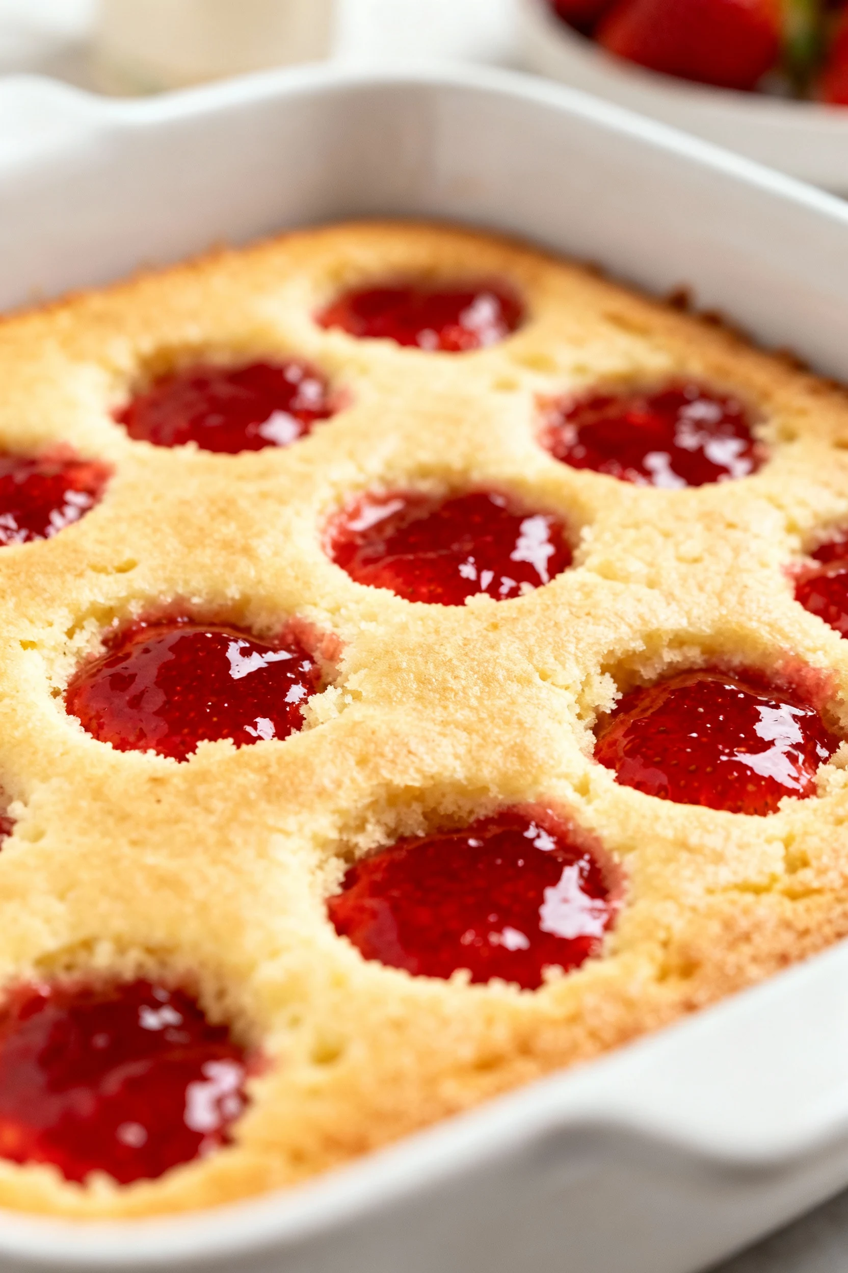 Close-up detail of freshly baked vanilla poke cake with golden crust, evenly spaced round holes filled with glossy straw