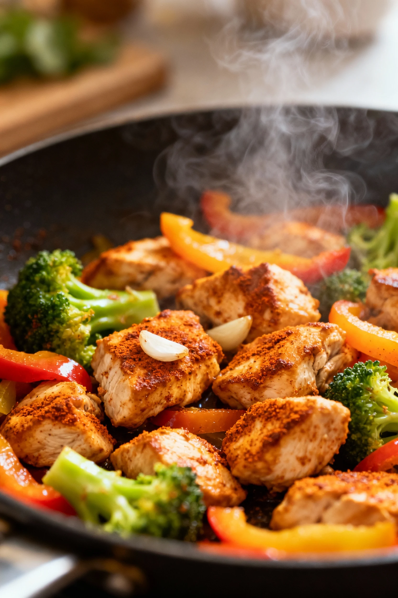 Close-up of golden-brown sautéed turkey pieces coated in smoked paprika and garlic, mixed with tender-crisp bell peppers