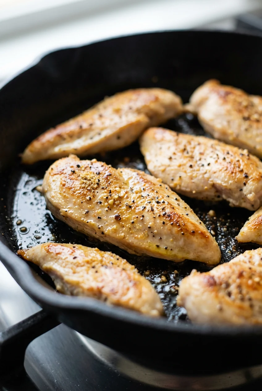 1. Close-up of golden-brown seared chicken strips glistening with olive oil, sprinkled with garlic powder and cracked pe