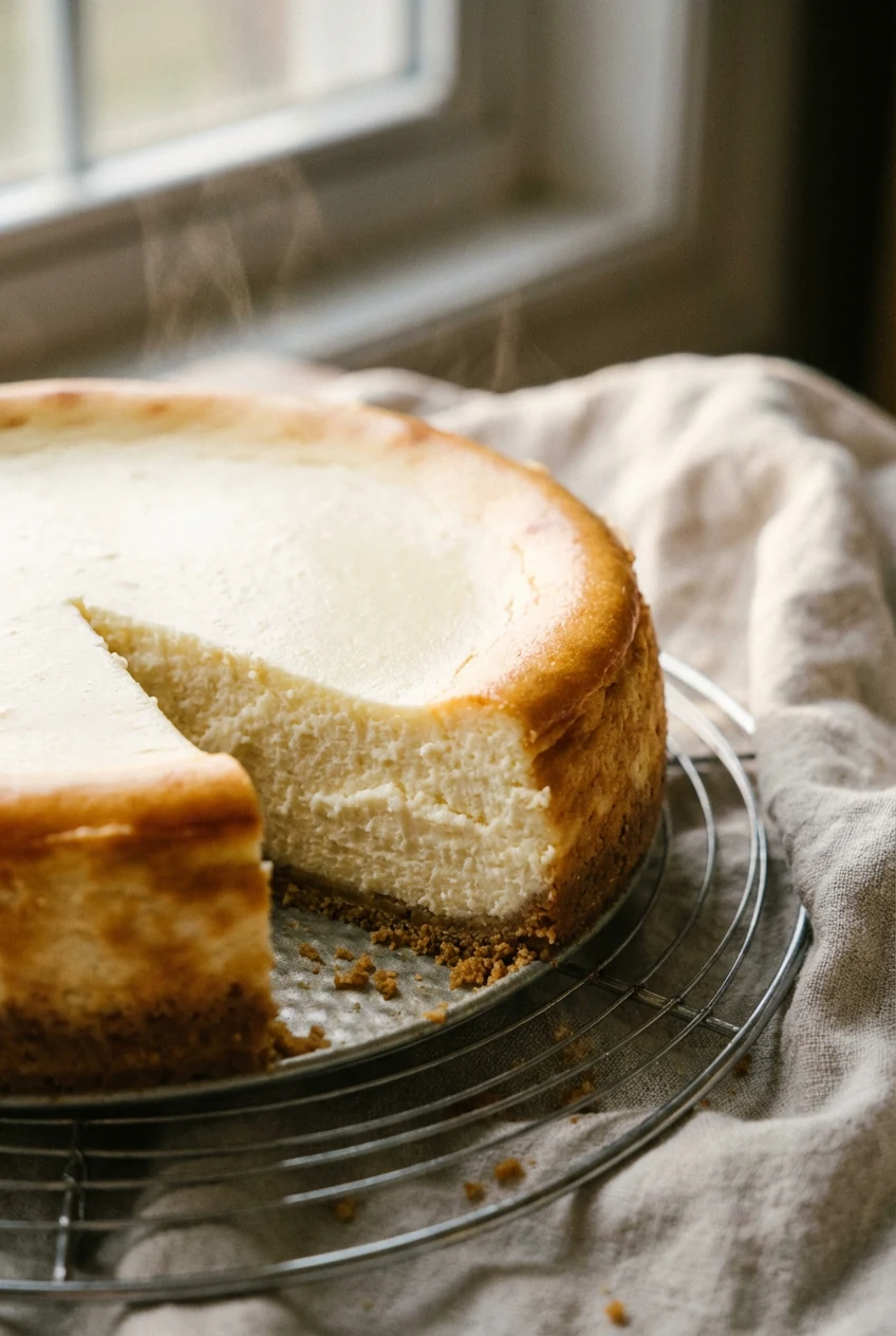Close-up detail of a freshly baked cheesecake with a smooth, crack-free surface and dense-yet-fluffy texture, golden edg