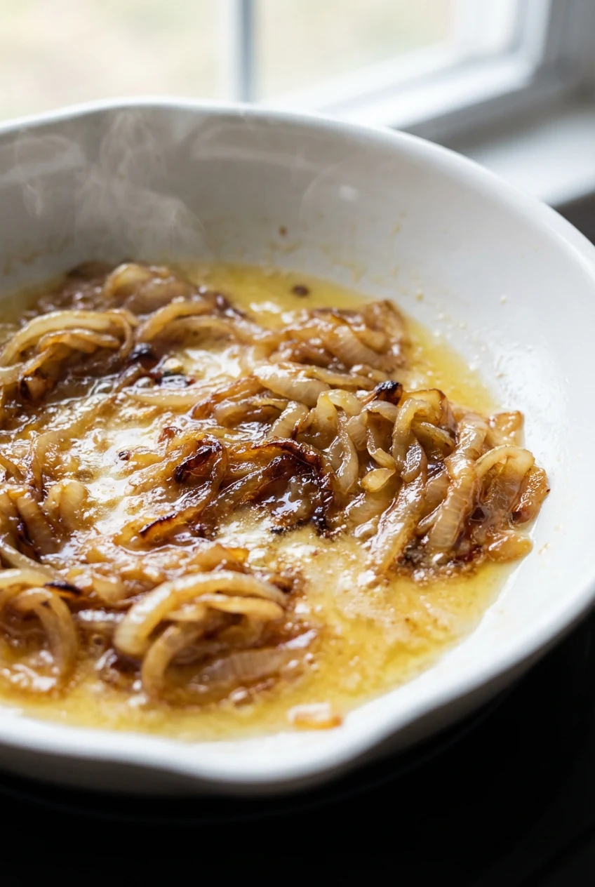 Close-up of golden sautéed onions in a shimmering layer of ghee, caramelized edges glistening under soft natural light, 