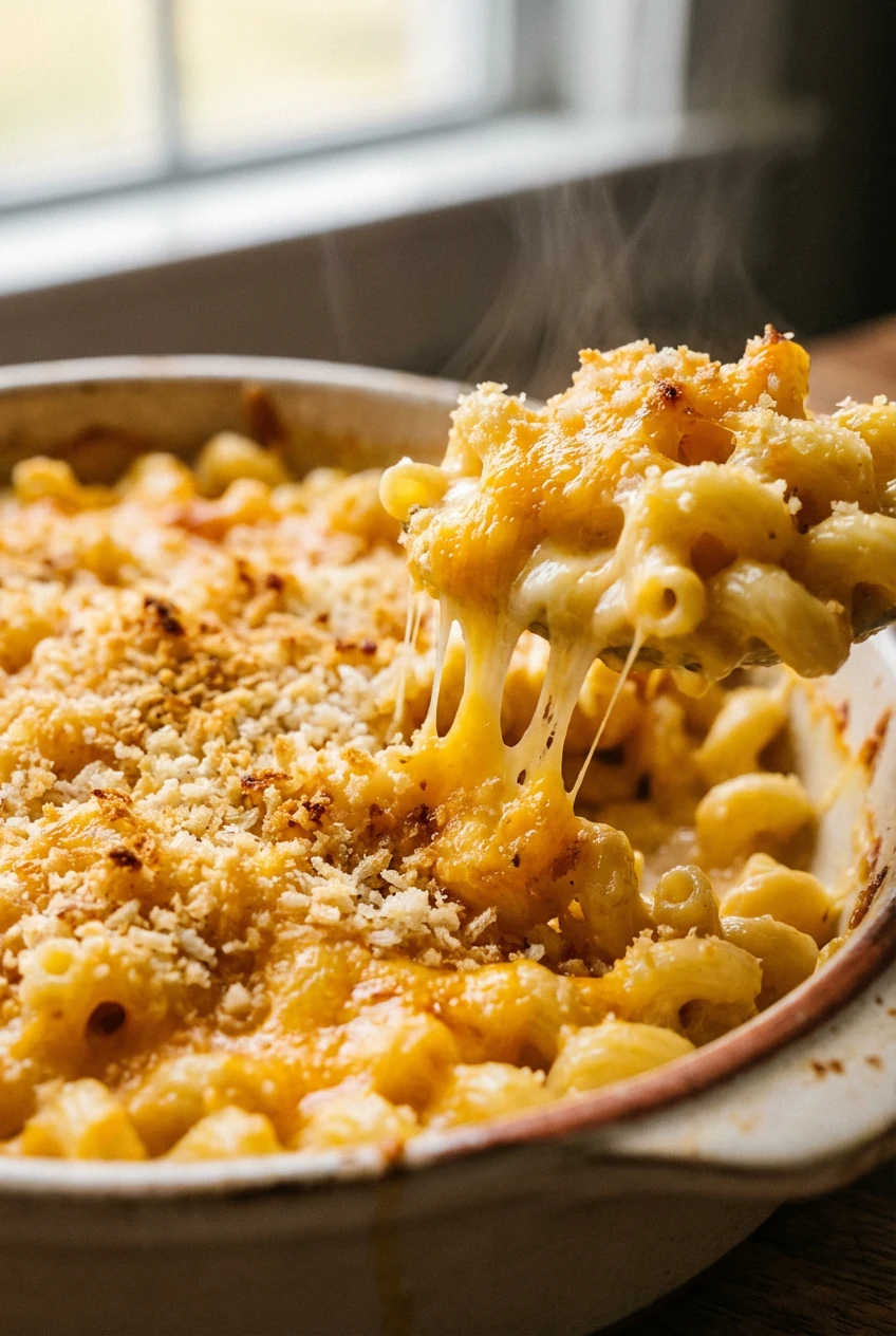 Close-up of golden, bubbly macaroni and cheese fresh from the broiler, breadcrumbs lightly toasted on top, with melted c