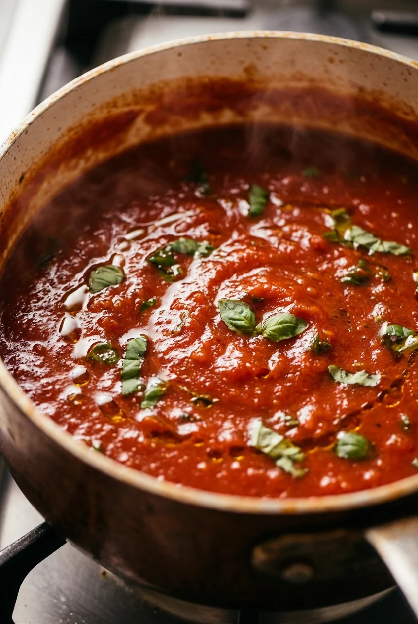 Close-up detail of simmering tomato sauce in a saucepan, rich red hues with flecks of green basil, glossy surface catchi