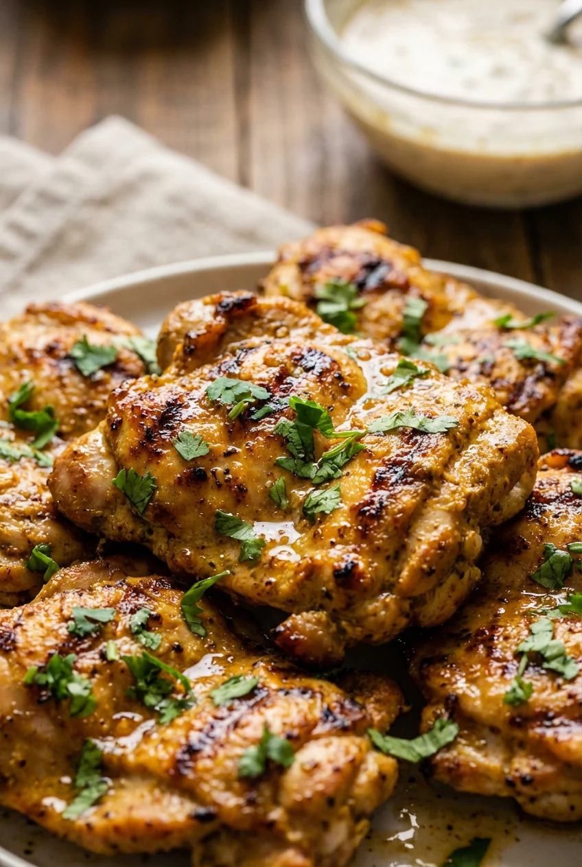 Close-up of golden grilled boneless chicken marinated in yogurt and spices, glistening with juices, sprinkled with fresh