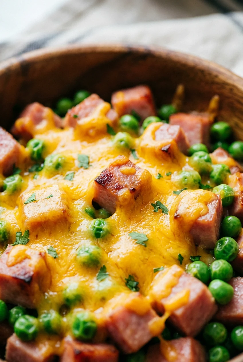1. Close-up of golden, melty cheddar coating tender cubes of seared ham and bright green peas, with flecks of parsley, s