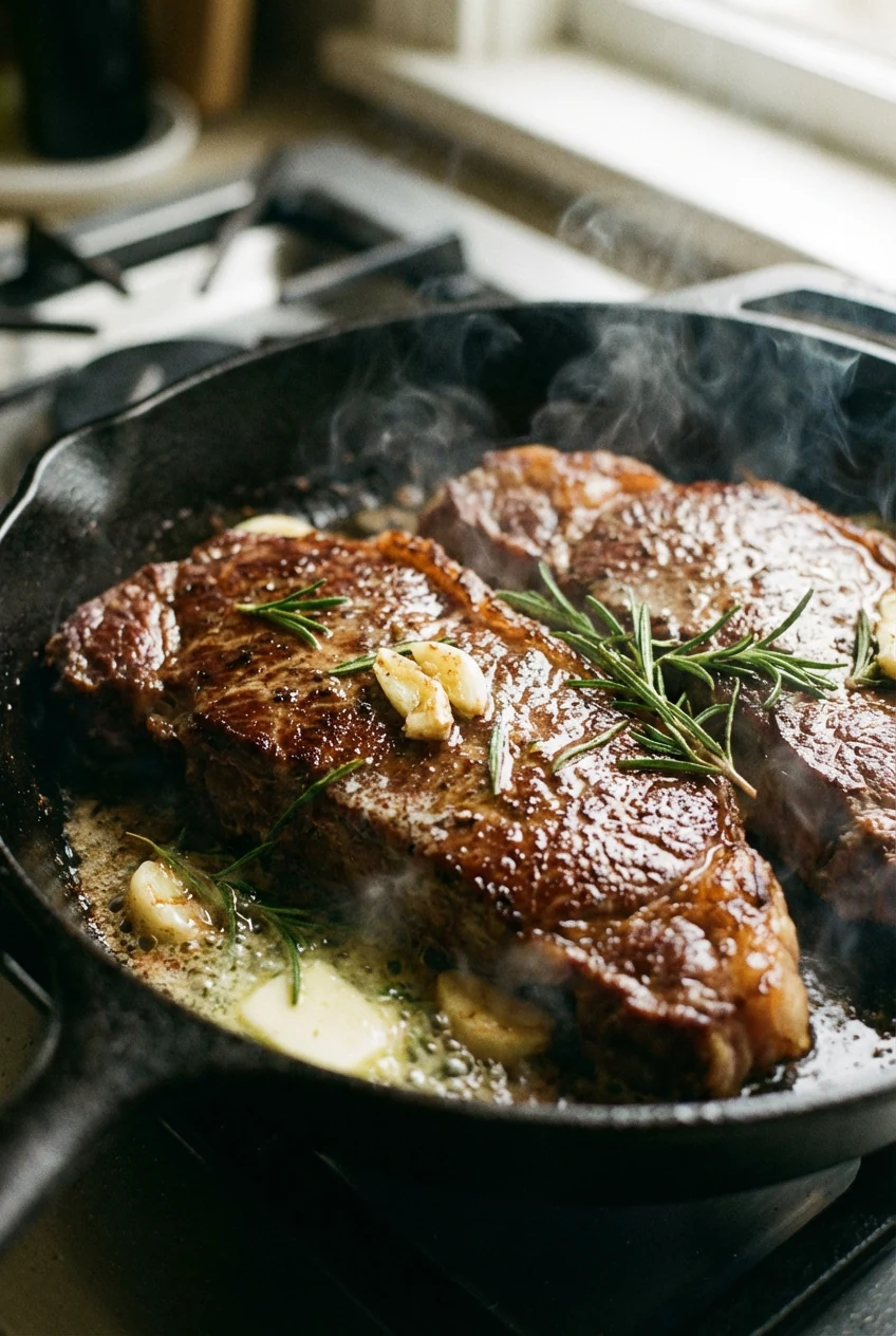 1. Close-up of sizzling sirloin steaks in a cast-iron skillet, deep brown crust glistening with melted butter, garlic cl