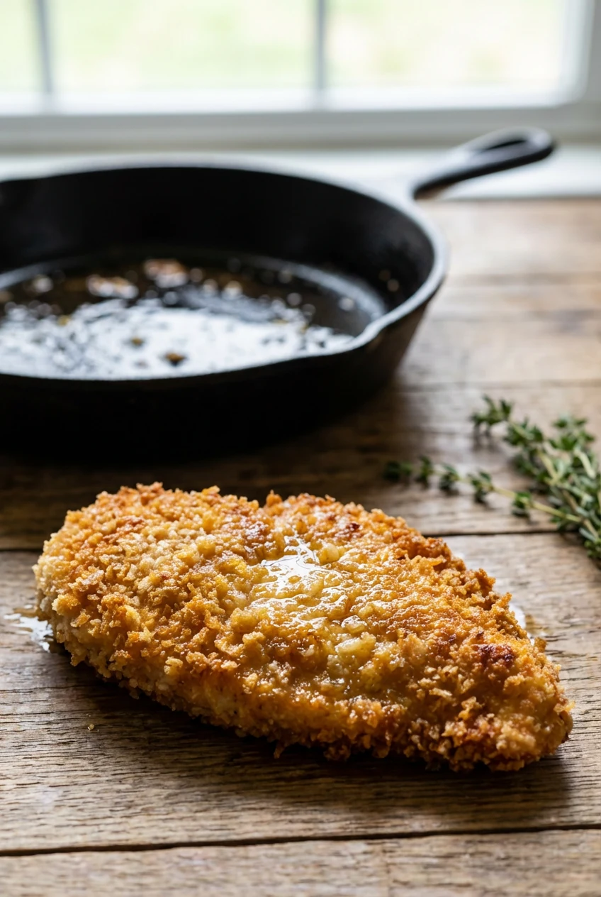 Close-up of a golden-brown chicken cutlet fresh from the skillet, crumbs glistening with a light sheen of olive oil, cri
