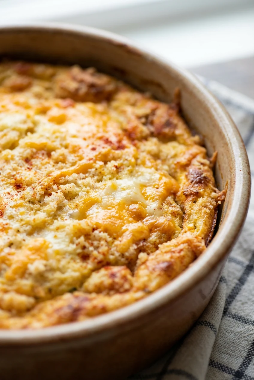 1. Close-up of golden-brown baked egg casserole surface with melted cheddar bubbling between lightly crisp edges, flecks