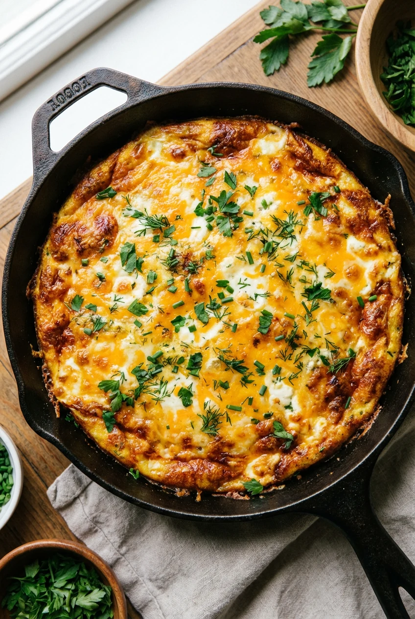 1. Overhead shot of a golden-brown frittata fresh from the oven in a rustic cast-iron skillet, melted cheddar and goat c