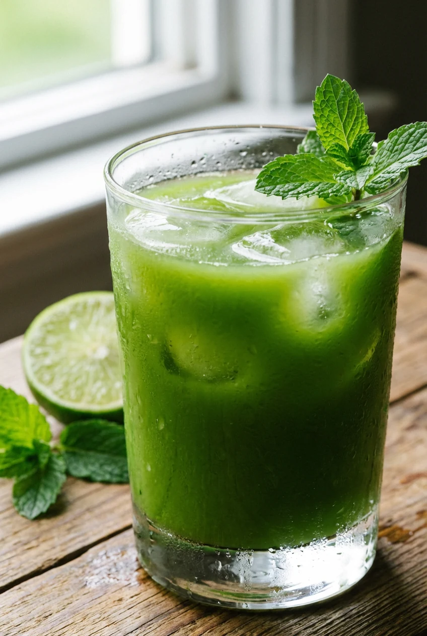 1. Close-up of a chilled glass of vibrant green juice poured over ice cubes, with droplets of condensation glistening on