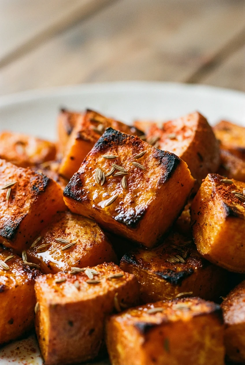 Close-up of roasted sweet potato cubes, glistening with olive oil and dusted with smoked paprika and cumin, shallow dept
