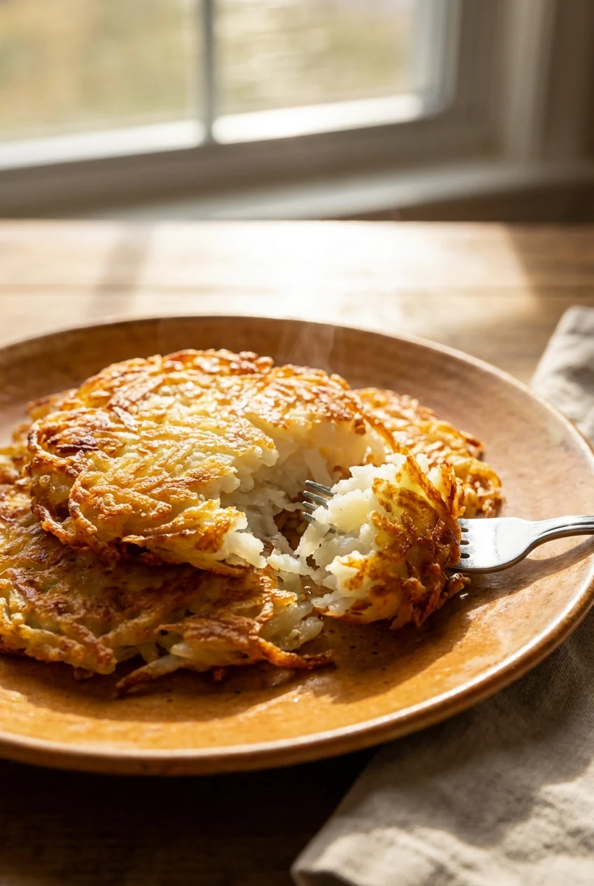 Close-up of crispy golden hashbrown edges with fluffy potato interior visible from a fork cut, shallow depth of field, n