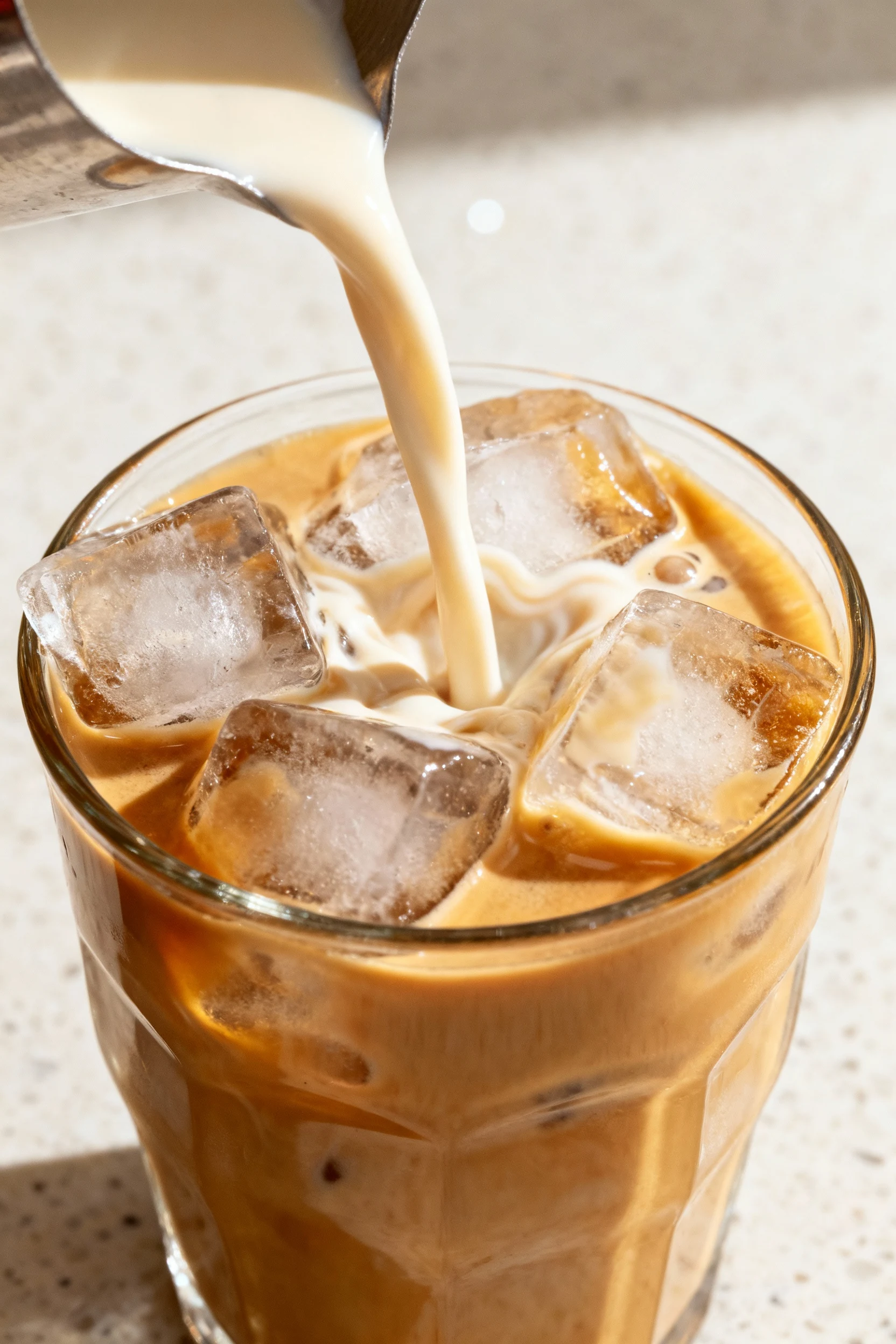 1. Close-up of iced coffee being poured over large crystal-clear ice cubes, golden-brown liquid swirling with streams of