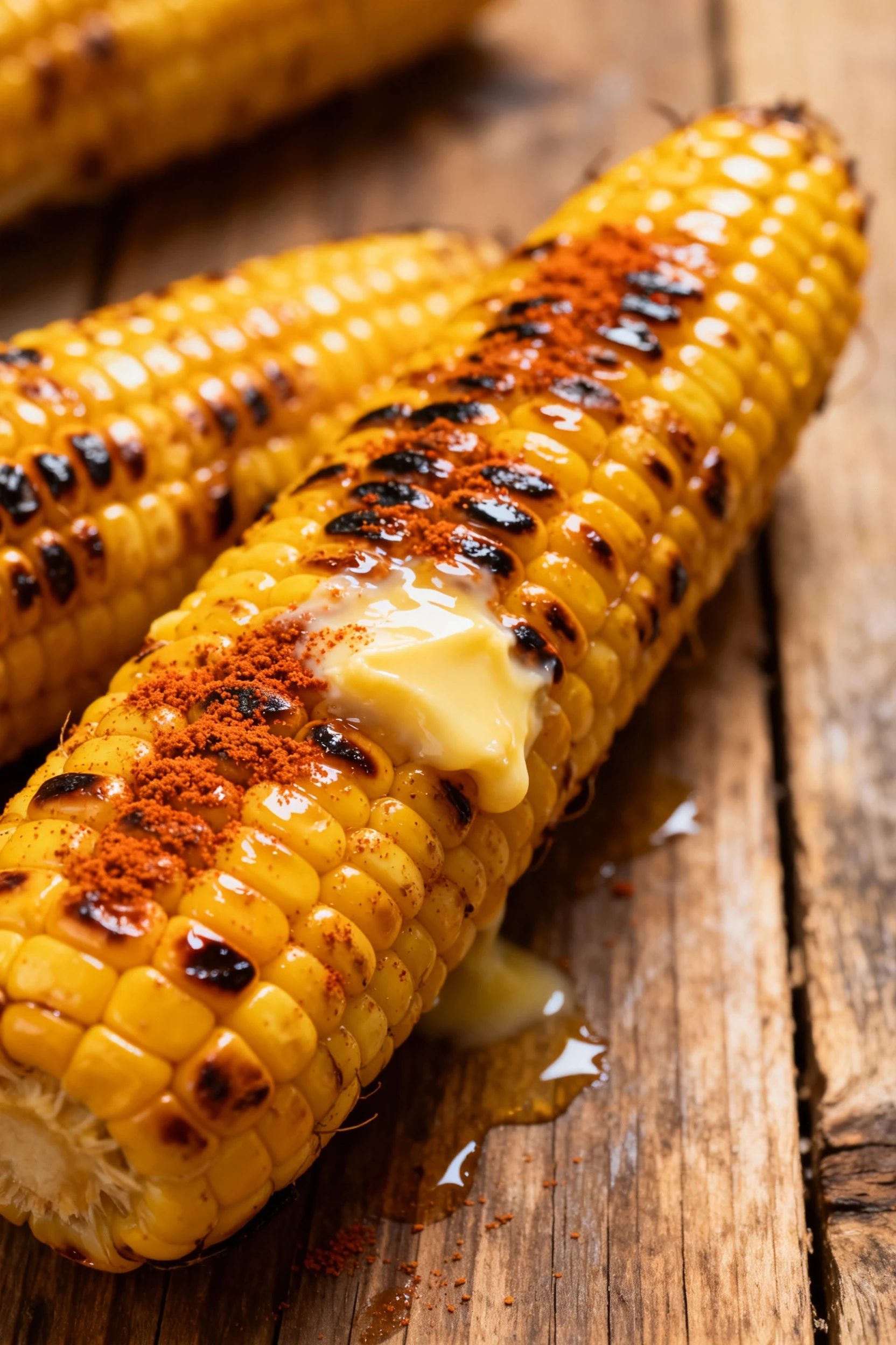 Close-up of freshly grilled corn on the cob brushed with melted butter and sprinkled with smoked paprika, showing charre