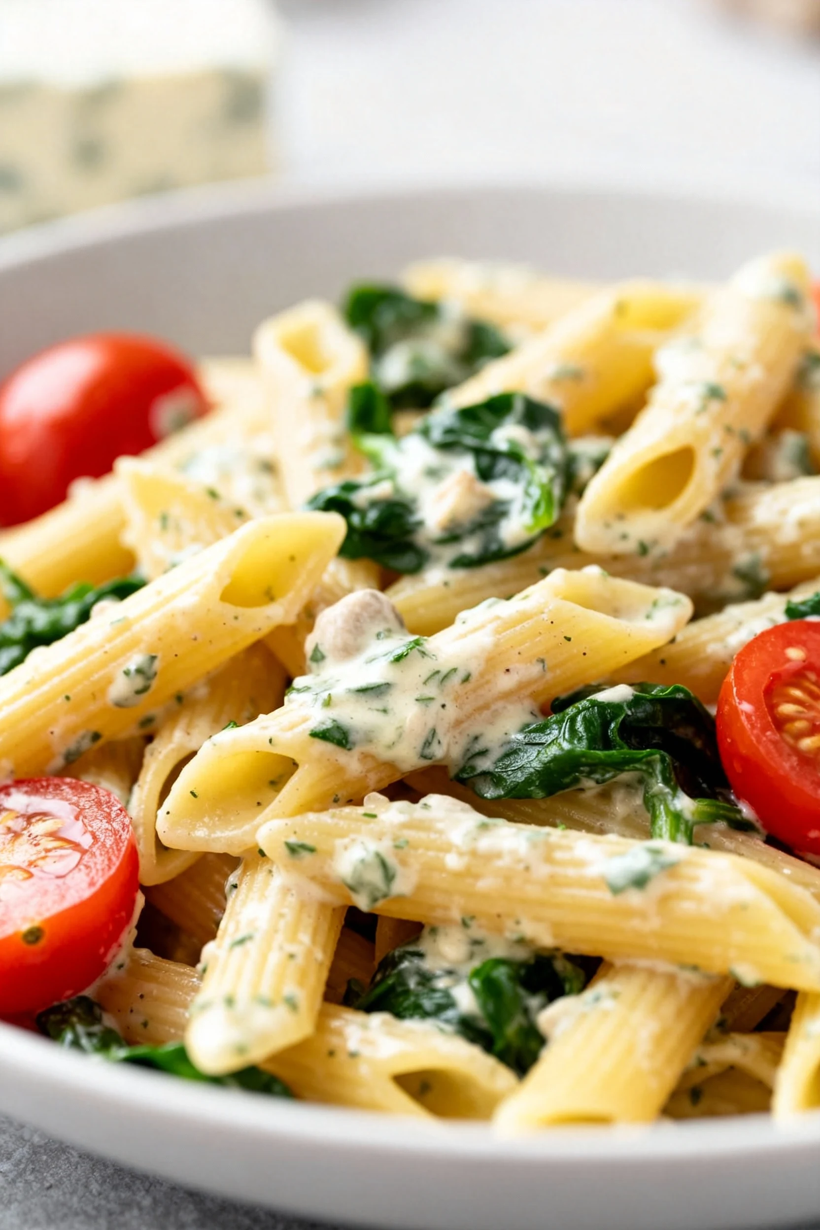 Close-up of creamy Boursin garlic & herb sauce clinging to al dente pasta strands, flecks of spinach and cherry tomatoes