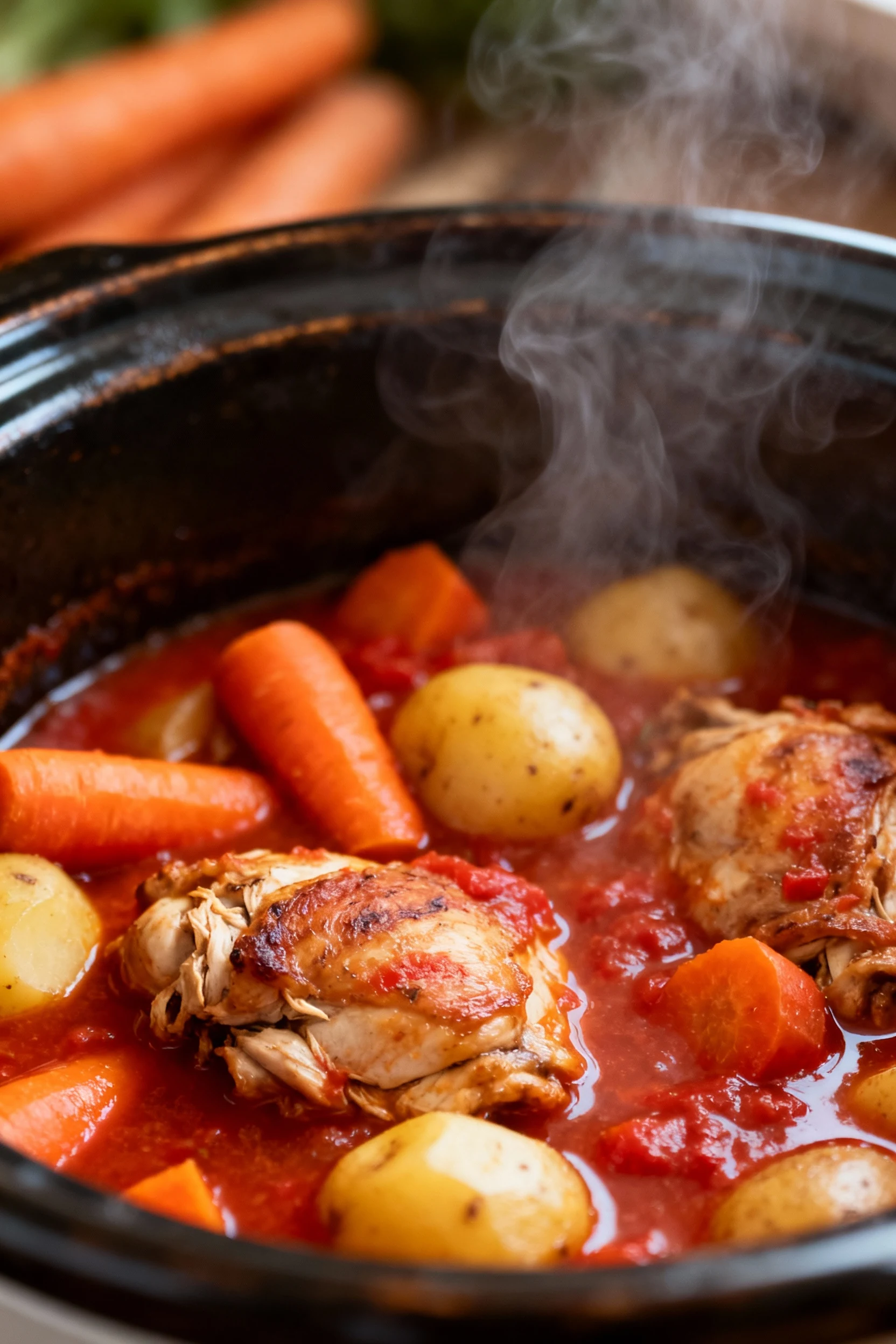 Close-up of fork-tender chicken thighs and chunky vegetables simmered in rich tomato broth, steam rising, showcasing vib