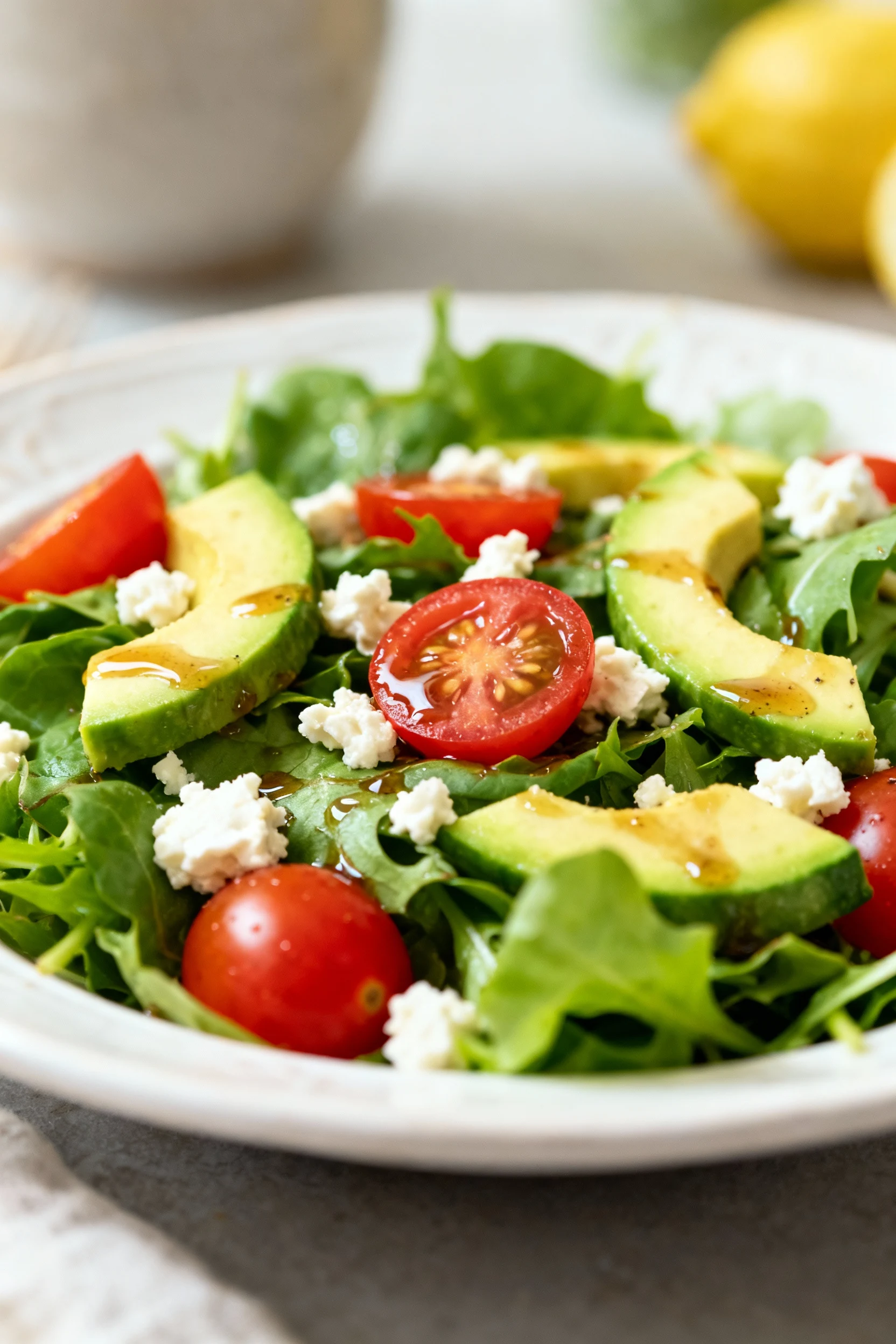 Close-up of freshly tossed mixed greens salad with cherry tomatoes, cucumber, avocado slices, and crumbled feta, glisten