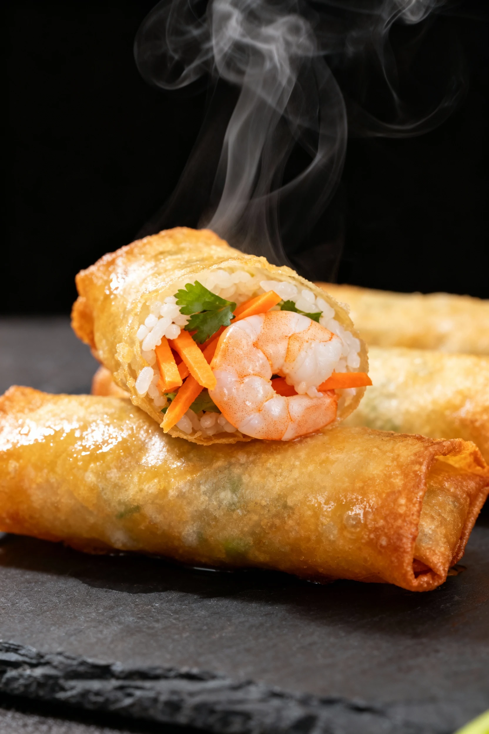 Close-up of golden, crispy fried rice paper rolls filled with shrimp, julienned carrots, and herbs, steam rising, shallo