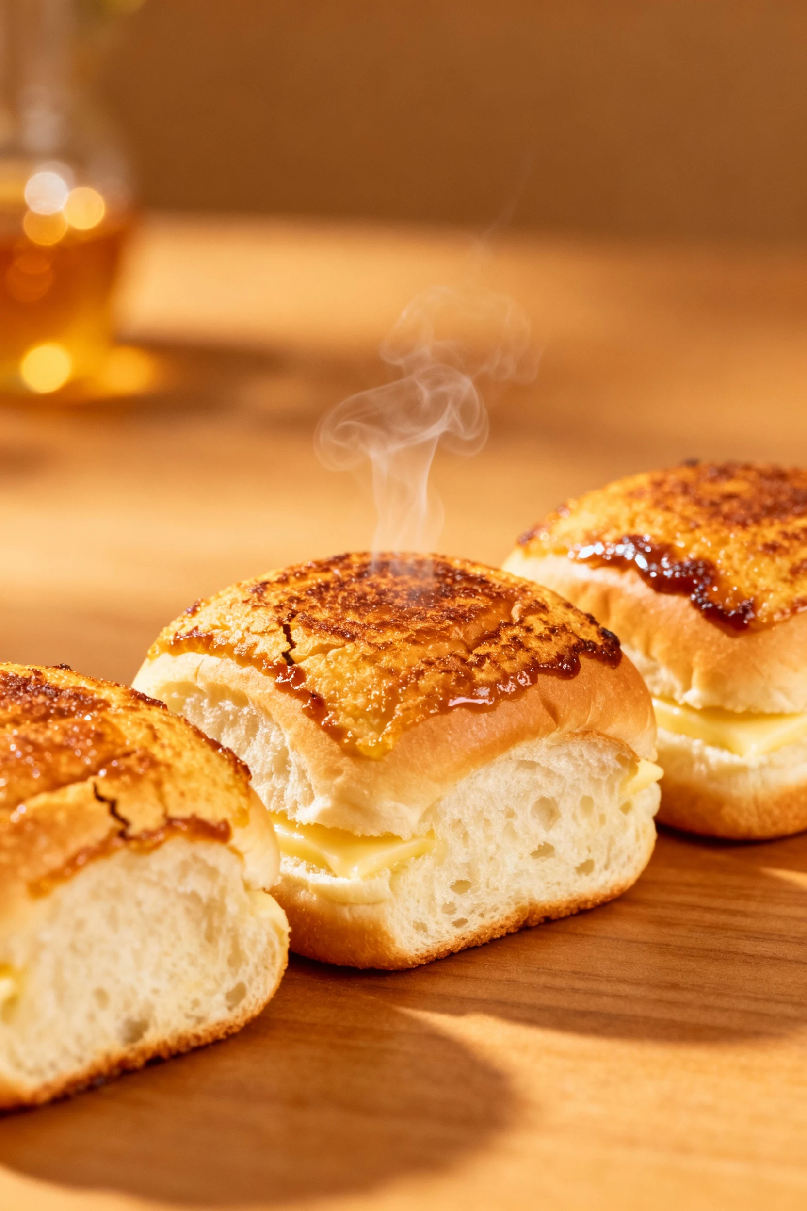 Close-up of perfectly toasted brioche slider buns with a golden-brown crust and soft interior, shallow depth of field hi