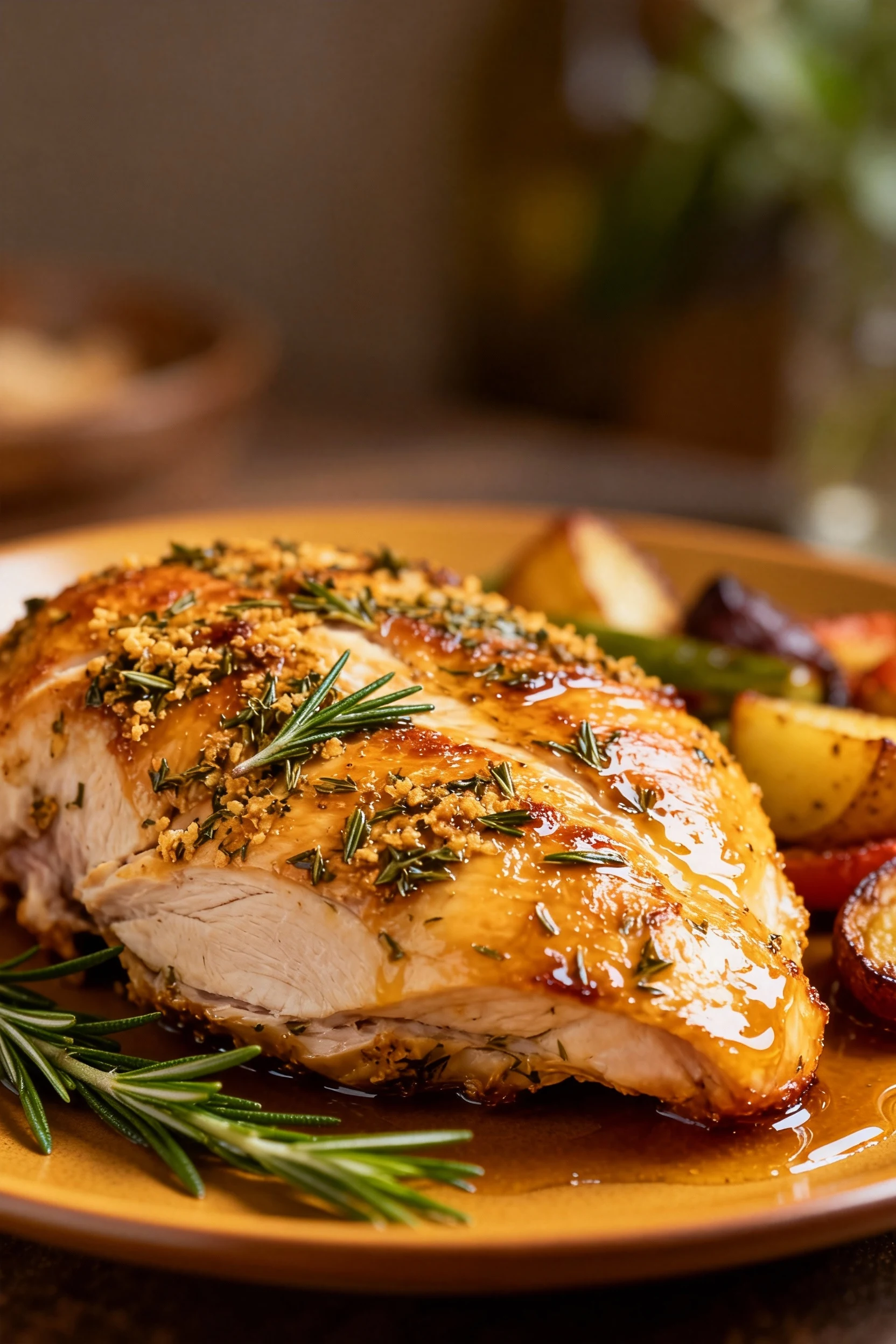 Close-up of golden-roasted turkey breast with crispy herb crust and glistening pan juices, shallow depth of field, profe