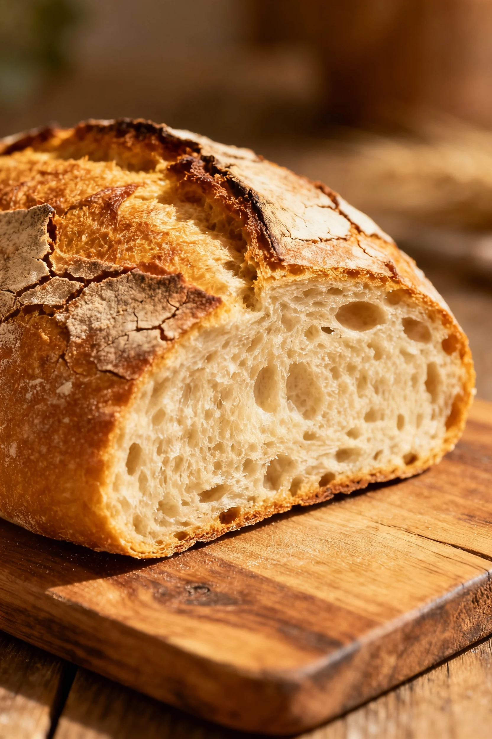 1. Close-up of freshly baked golden-brown loaf with crackled, chewy crust and soft, airy interior visible through a thic